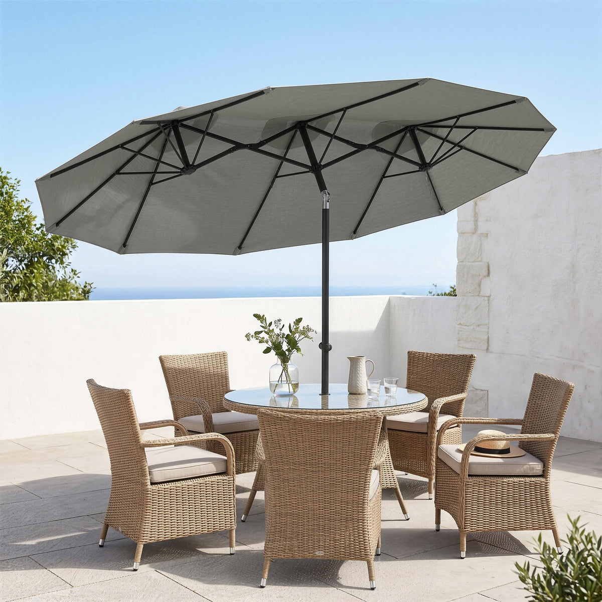 Parasol de Jardin Exterieur Inclinable 3 x 1,5 m, Parasol Double Rectangulaire avec Manivelle, Polyester 180 g/m², Gris-9