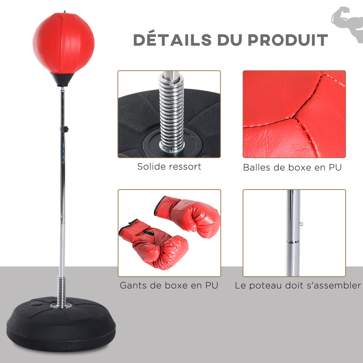 Sac de Frappe sur Pied Punching ball sur pied réglable en hauteur 126-144 cm avec gants, pompe et base de lestage pour adolescents et débutants rouge-6