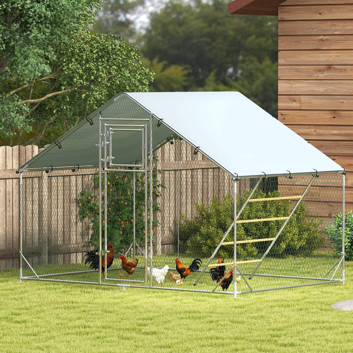 Enclos poulailler extérieur parc grillagé 6 m² avec perchoir et mangeoire acier galvanisé Ø25mm 300x200x195cm argent-9