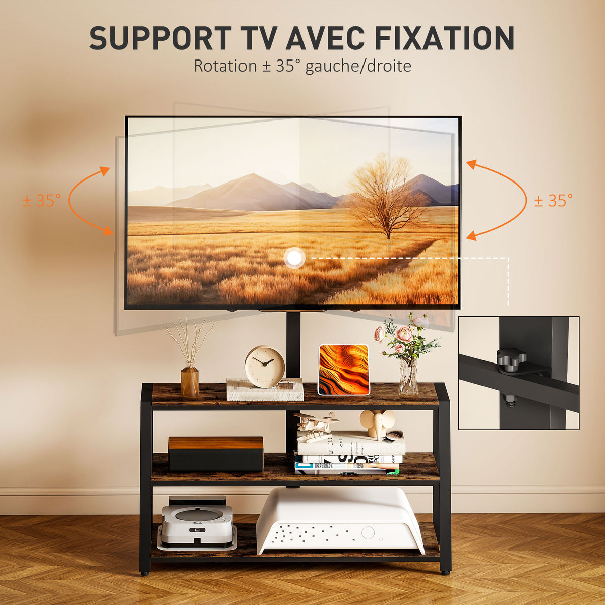 Meuble TV avec support pour téléviseurs de 32-70 pouces, étagères ouvertes, angle ajustable 35°, 108x41x135cm, marron-3