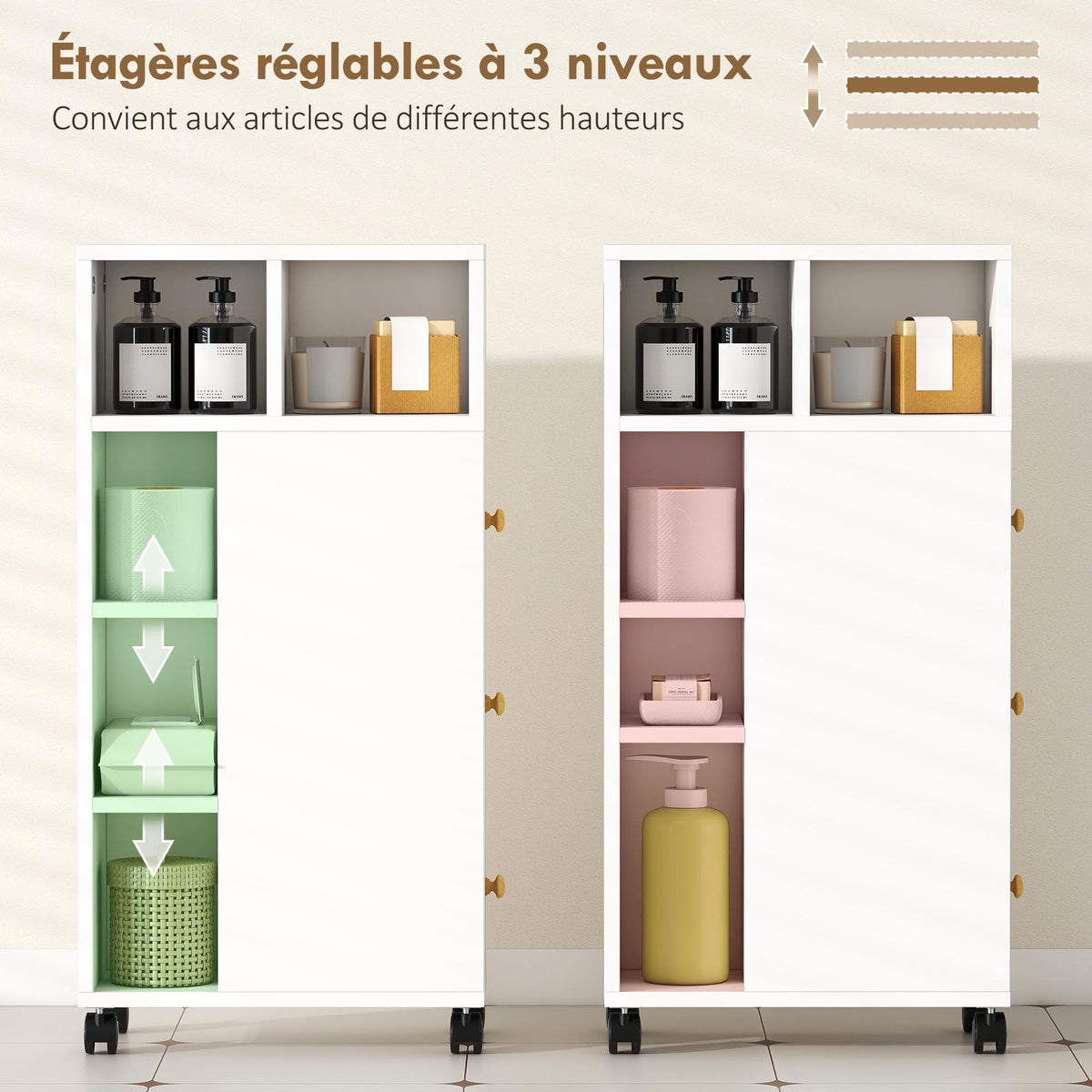 Meuble de salle de bain à roulettes, meuble de rangement étroit, 3 tiroirs, 5 compartiments ouverts,  20x40x80cm, blanc-4