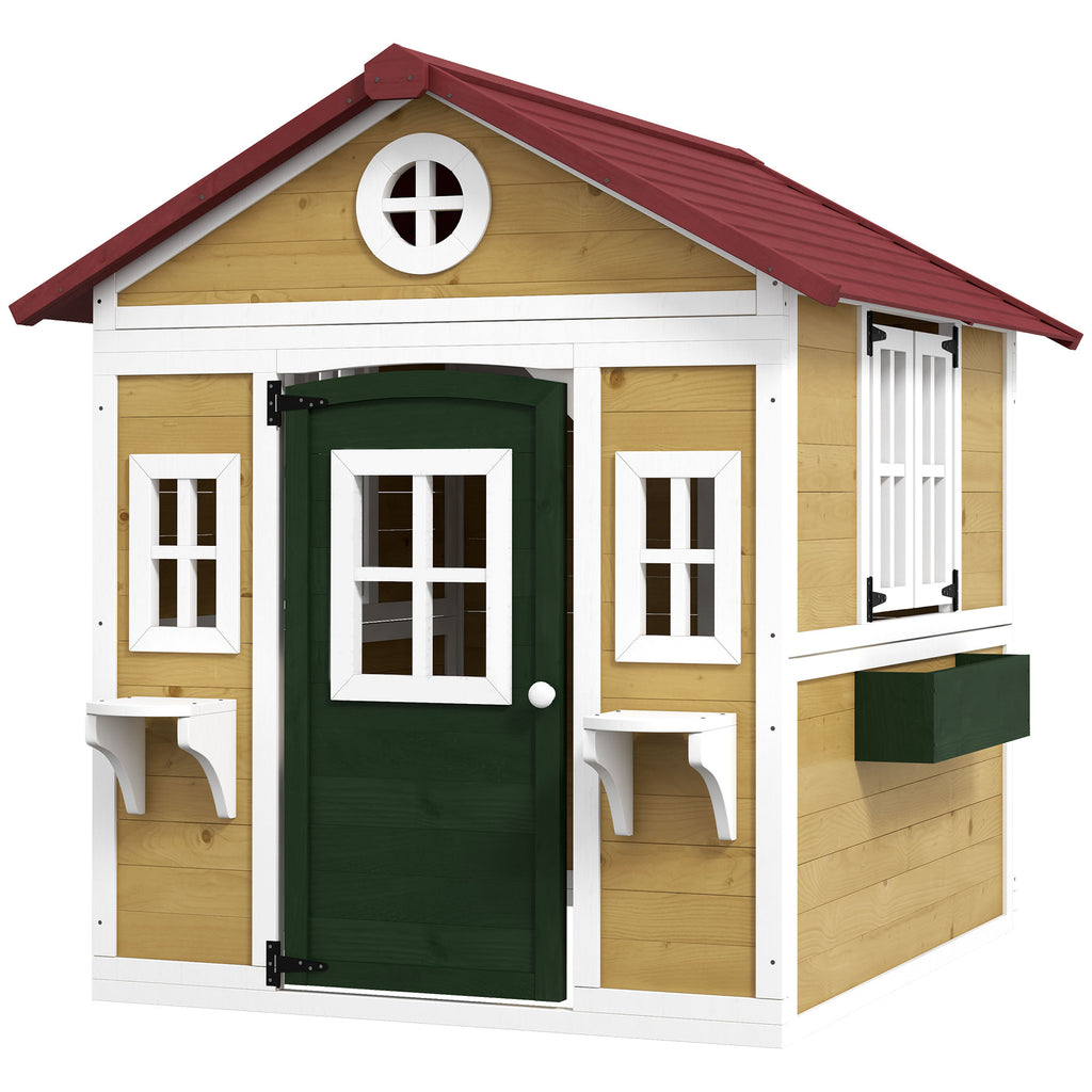 Cabane enfant extérieur maison enfant extérieure avec porte fenêtres et jardinières 114 x 126,4 x 135 cm beige-0