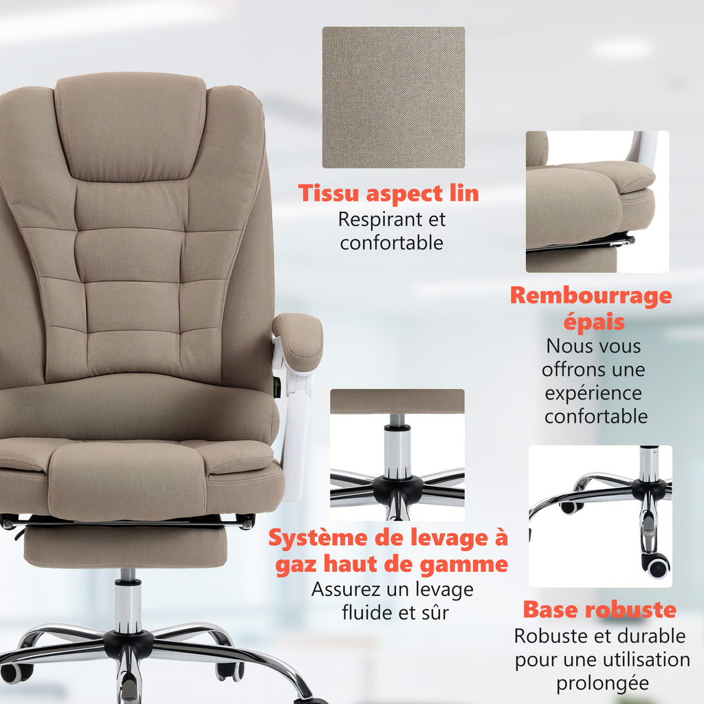 Fauteuil de bureau direction massant chauffant hauteur réglable dossier inclinable toile de lin beige-7