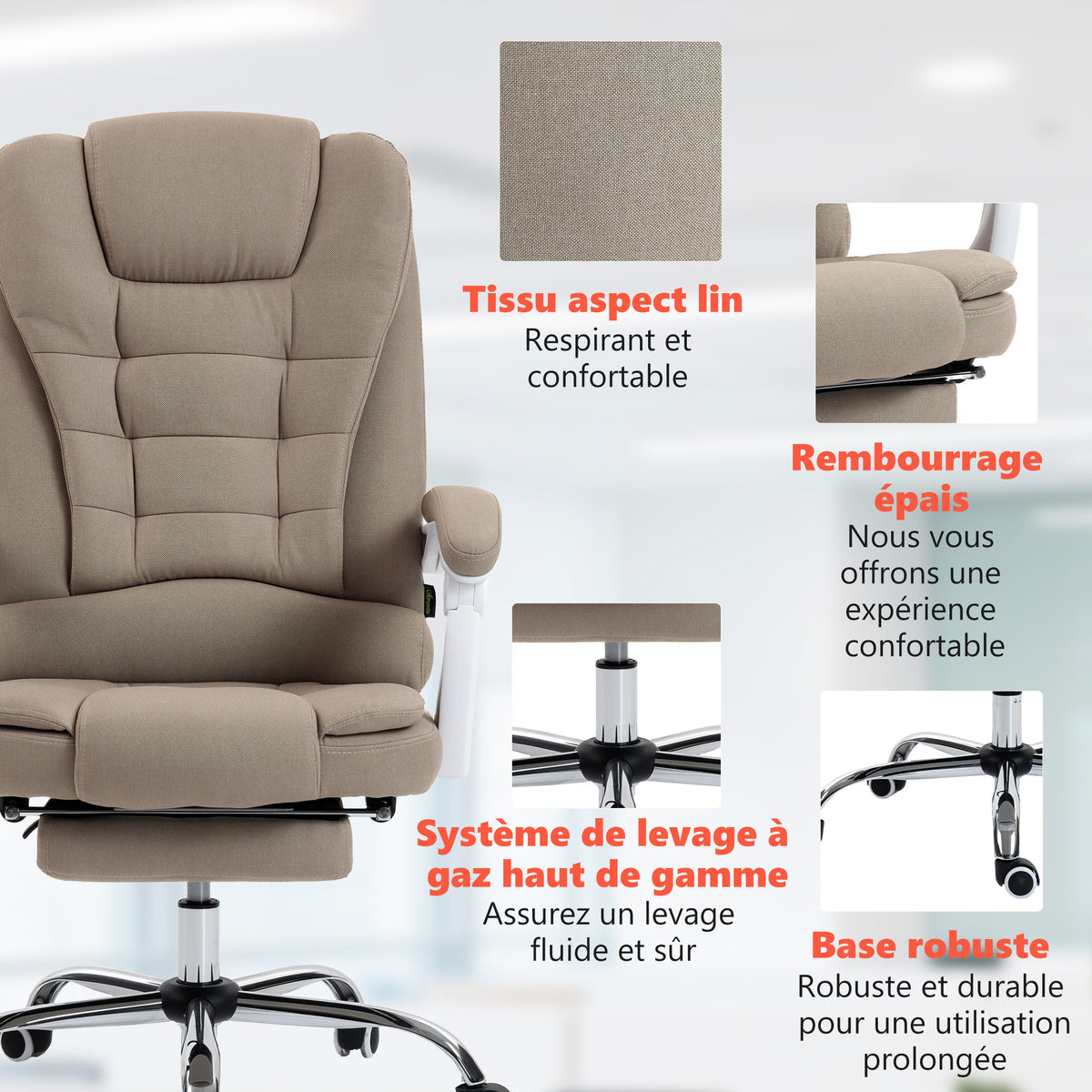 Fauteuil de bureau direction massant chauffant hauteur réglable dossier inclinable toile de lin beige-7