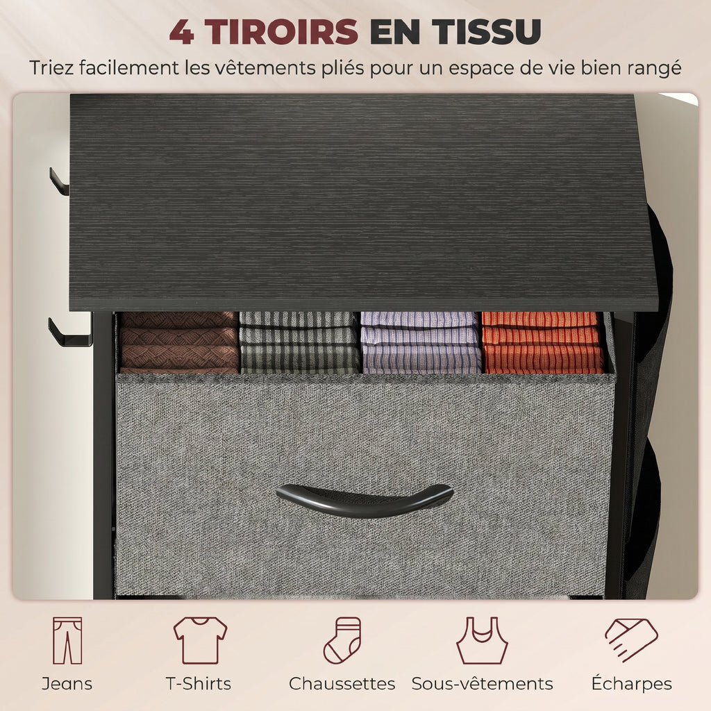 Commode 4 tiroirs en tissu, meuble de rangement avec 4 poches, 2 crochets, structure en acier, 45 x 30 x 94,5 cm, gris-3