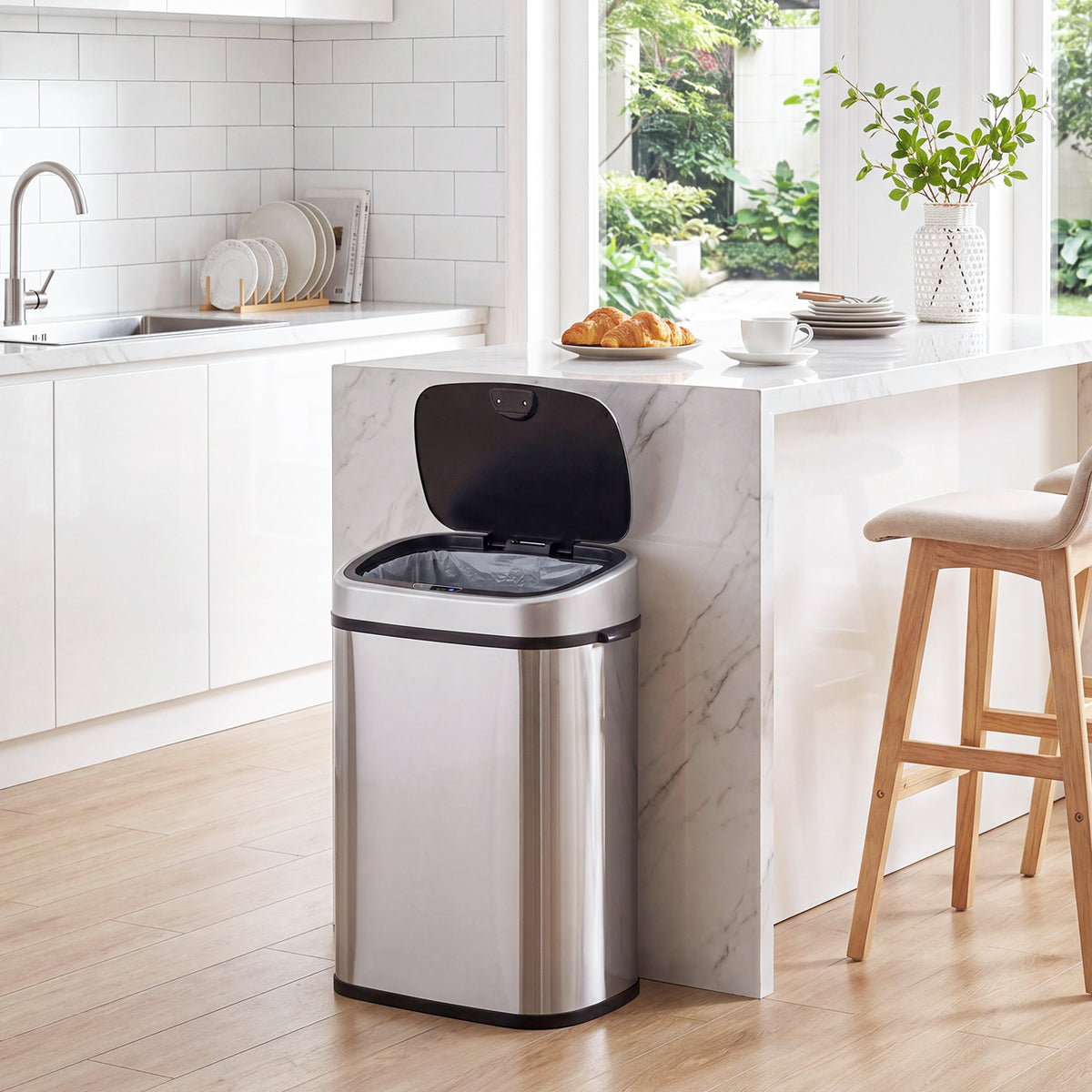 Poubelle de Cuisine Automatique 58L en Acier Inoxydable, Mouvement Sans Contact ou Ouverture Manuelle, Argent-1