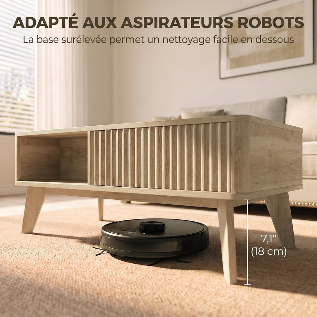 Table Basse Relevable, Compartiment Caché, 2 Étagères Ouvertes, Coins Arrondis, Style Mid-Century, 100x48x41cm, Chêne-5
