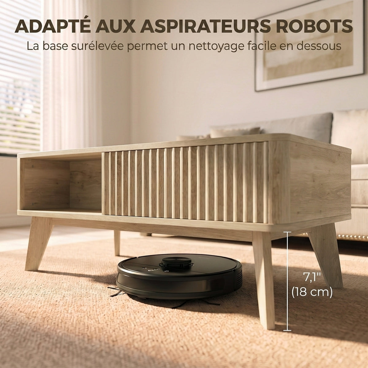 Table Basse Relevable, Compartiment Caché, 2 Étagères Ouvertes, Coins Arrondis, Style Mid-Century, 100x48x41cm, Chêne-5