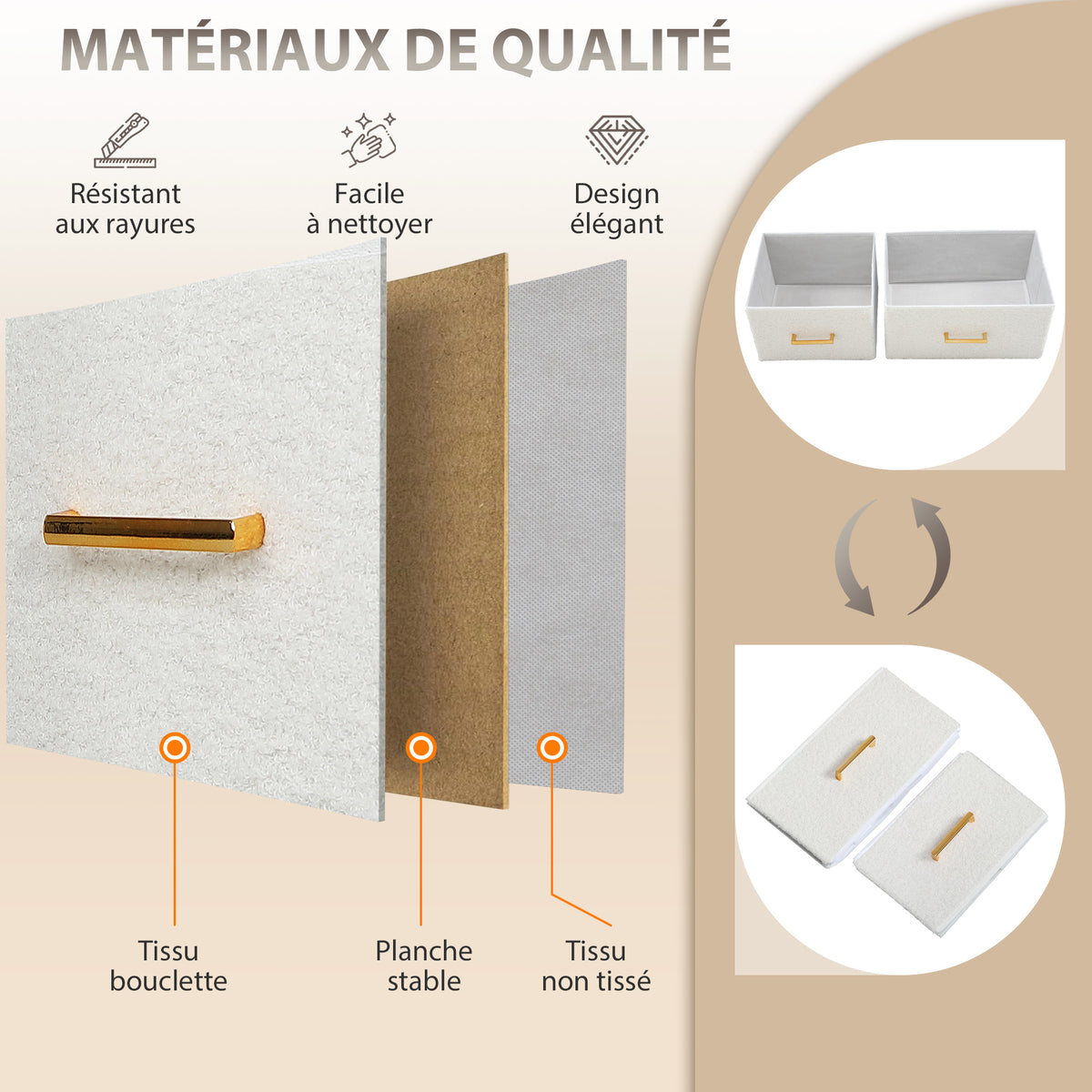 Commode 8 tiroirs en tissu bouclette, meuble de rangement avec 2 prises de courant, structure en acier 110x30x76cm crème-6
