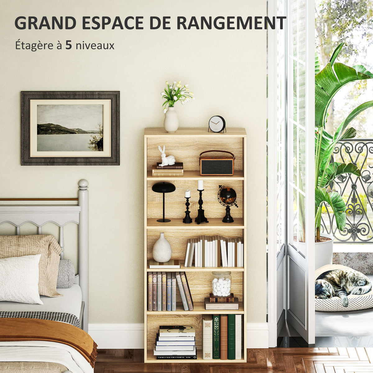 Bibliothèque étagère de rangement 5 niveaux avec étagères réglables pour salon, chambre, bureau, 60x24x133,5cm, naturel-3