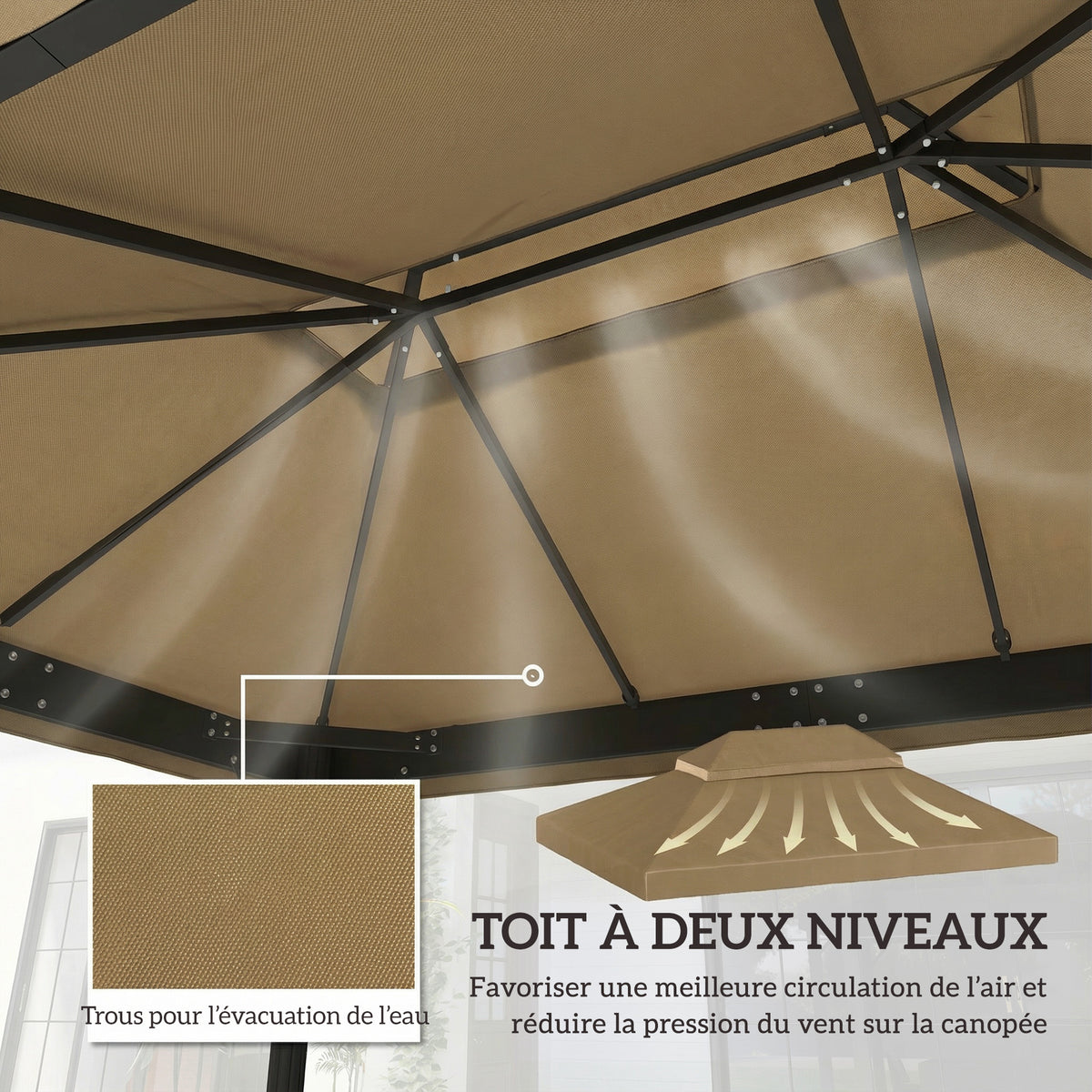 Toile de rechange pour pavillon toile de tonnelle 4 x 3 m, double toit avec trous de drainage, polyester 370 g/m², beige-3