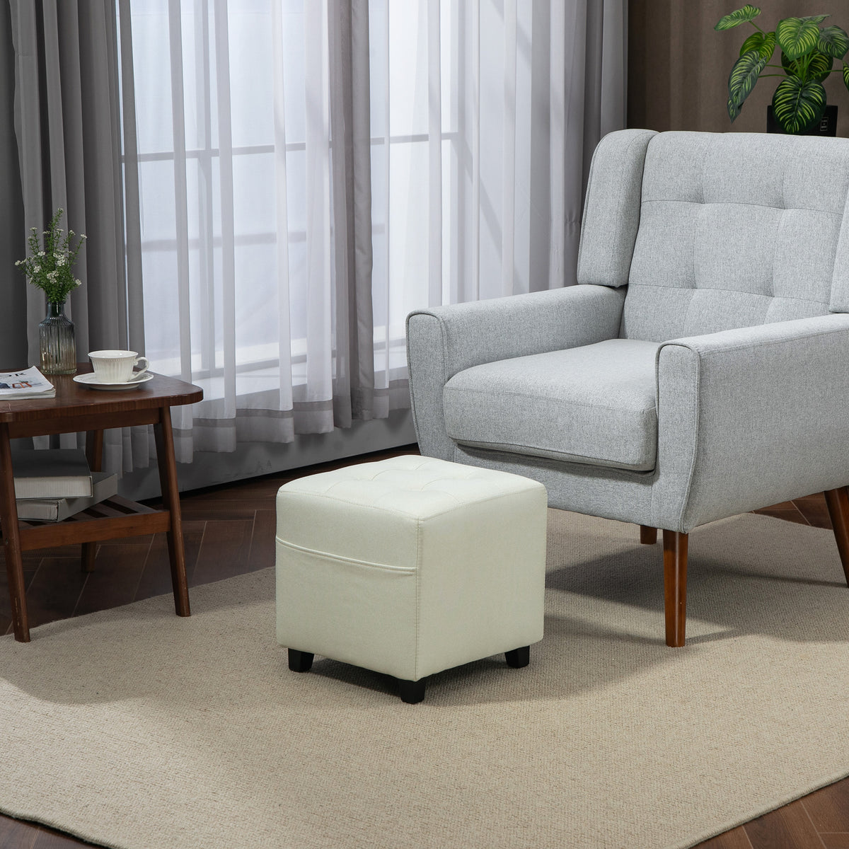 Repose pied salon, ottoman, siège rembourré capitonné en tissu aspect lin avec poche latérale, 35 x 35 x 35 cm, crème-1