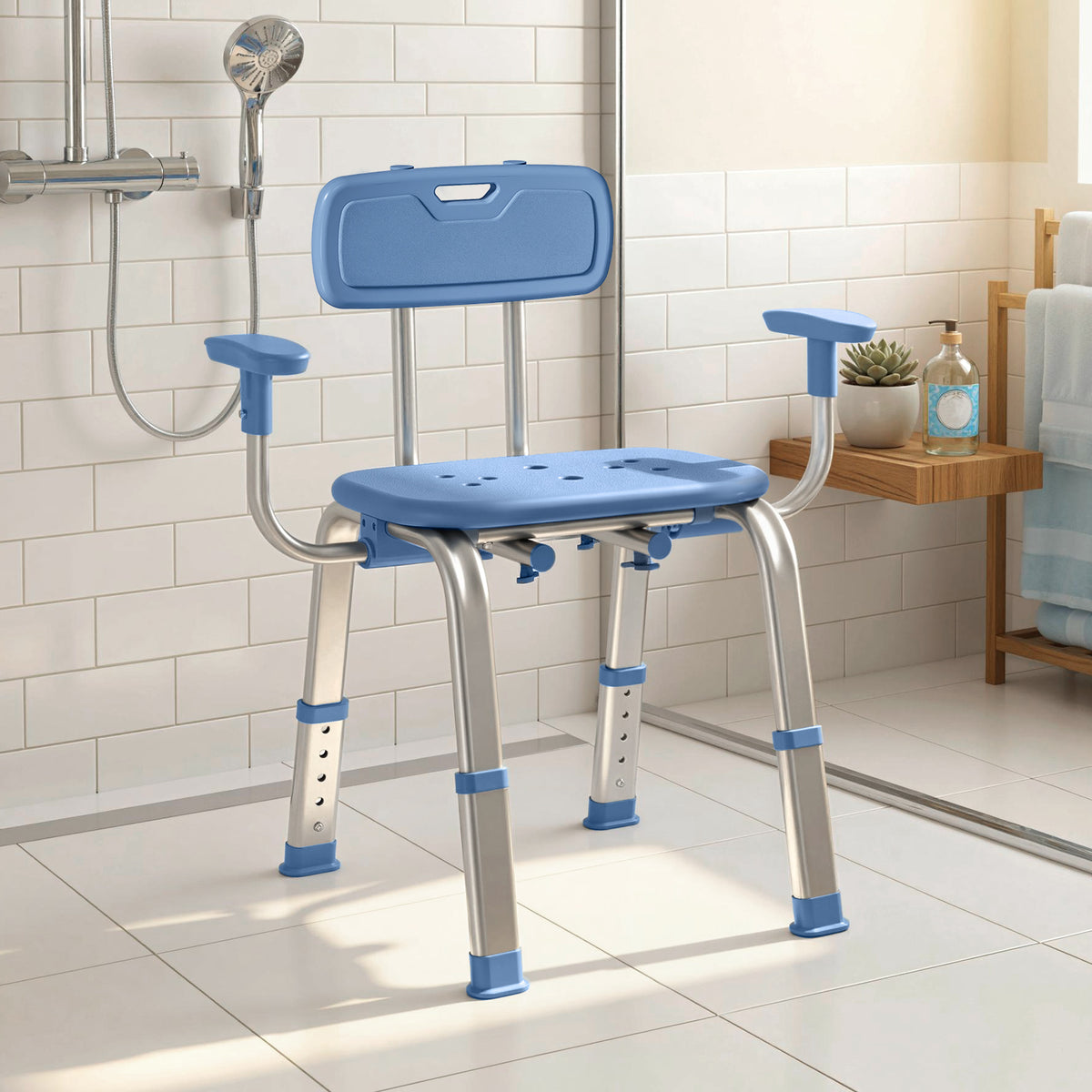 Tabouret de douche chaise de douche ergonomique avec accoudoirs, dossier, hauteur et siège réglables, bleu-1