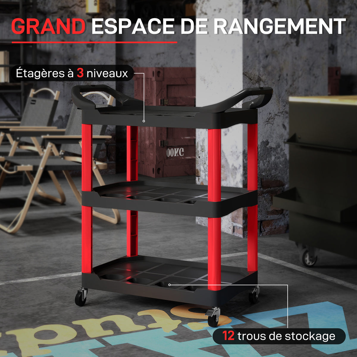 Chariot d'atelier à 3 niveaux avec poignée latérale pour garage, entrepôt, outils de bricolage, charge 91 Kg, noir-3