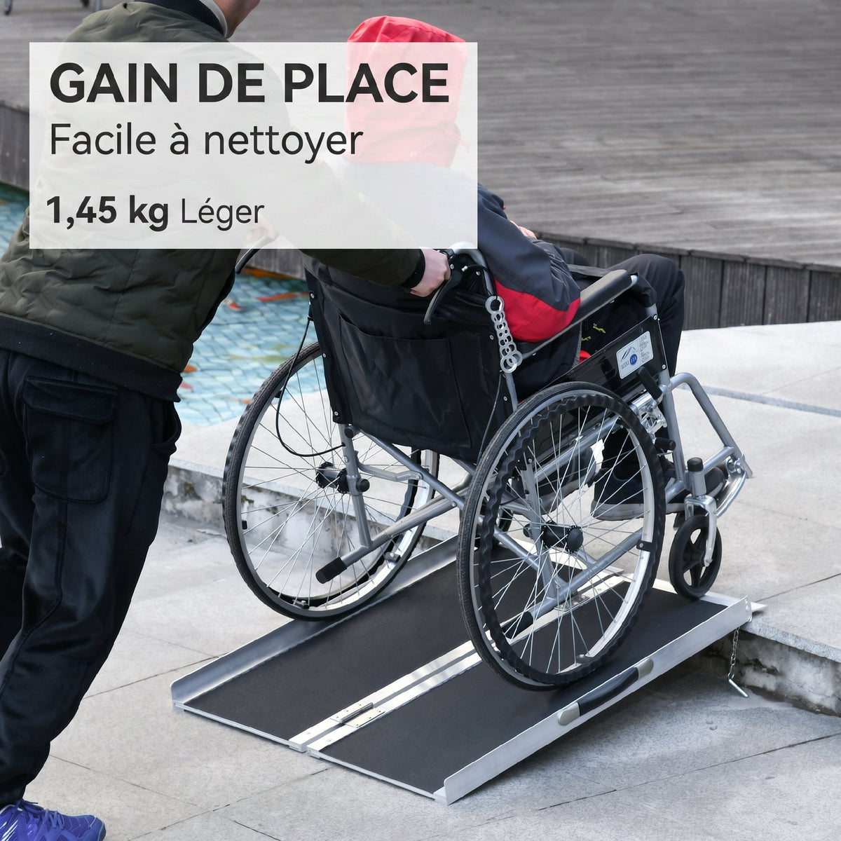 Rampe de Fauteuil Roulant Rampe de Chargement Rampe d'accès antidérapante Pliable avec Bordures de sécurité Max. 270 Kg dim. 91L x 72l x 5H cm alu. Noir-6
