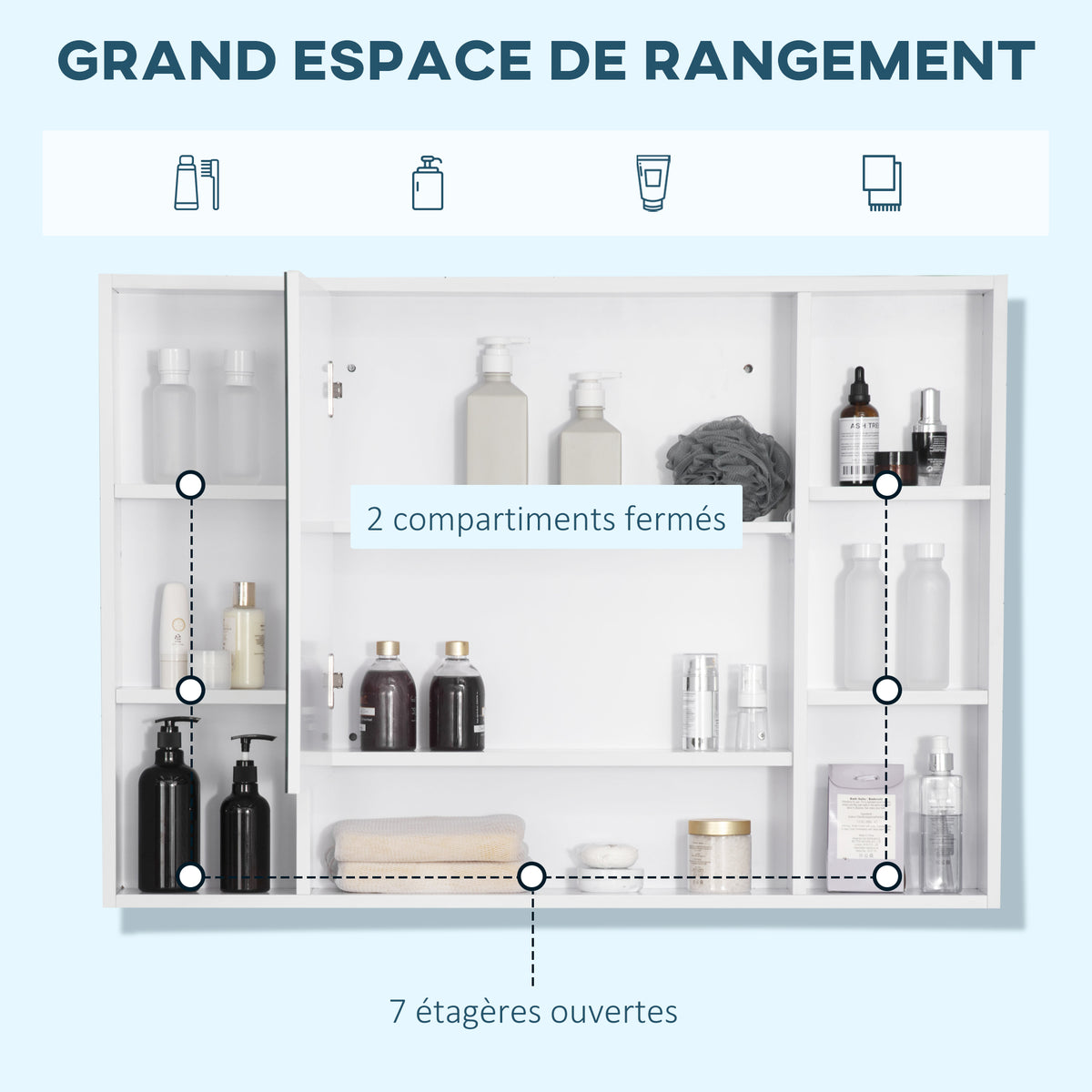 Armoire murale salle de bain avec miroir, meuble salle de bain, 7 étagères ouvertes et placard,100 x 15 x 70 cm, blanc-3