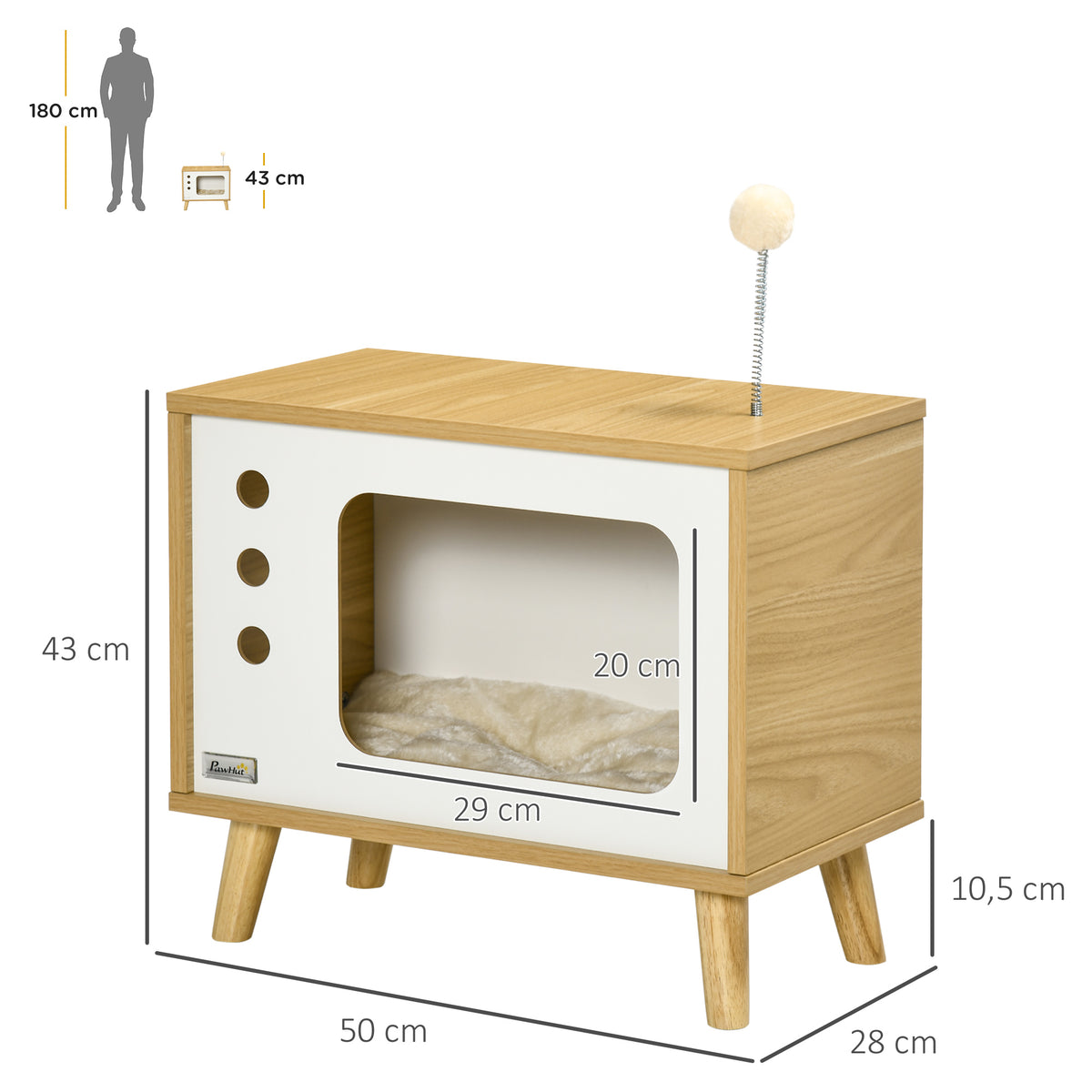 Maison niche pour chat forme de tv avec coussin douillet et balle rebondissante - 50 x 28 x 43 cm-2