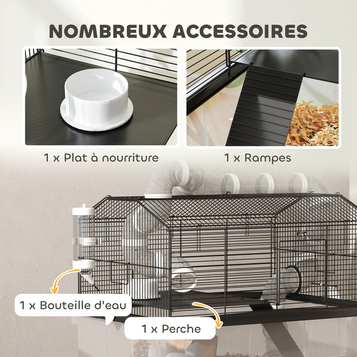 Cage pour hamster portable cage pour hamster avec rampe, gamelle, bouteille d'eau système de tuyaux 58 x 43 x 57 cm noir-6