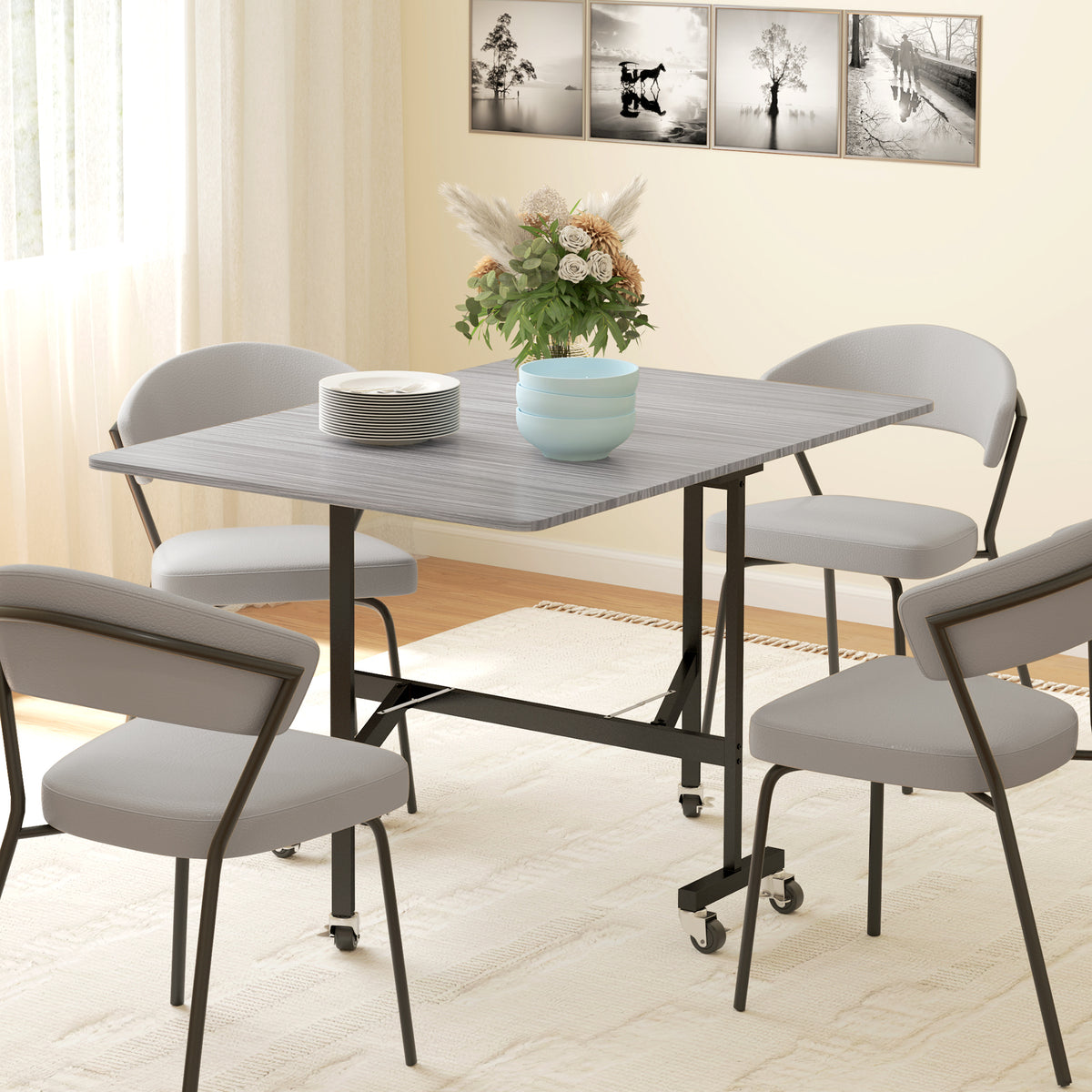 Table à Manger Pliante sur Roulettes pour 4-6 Personnes 120 cm, Roues avec Freins, 2 Abattants, Style Industriel, Gris-9