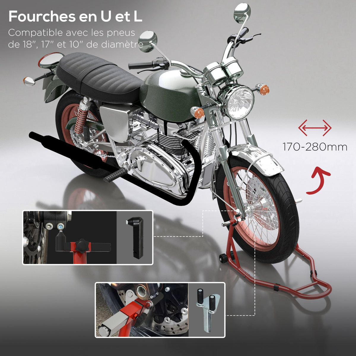 Support pour moto, béquille avant pour moto avec goupille réglable et adaptateurs pour bras oscillant, rouge-3
