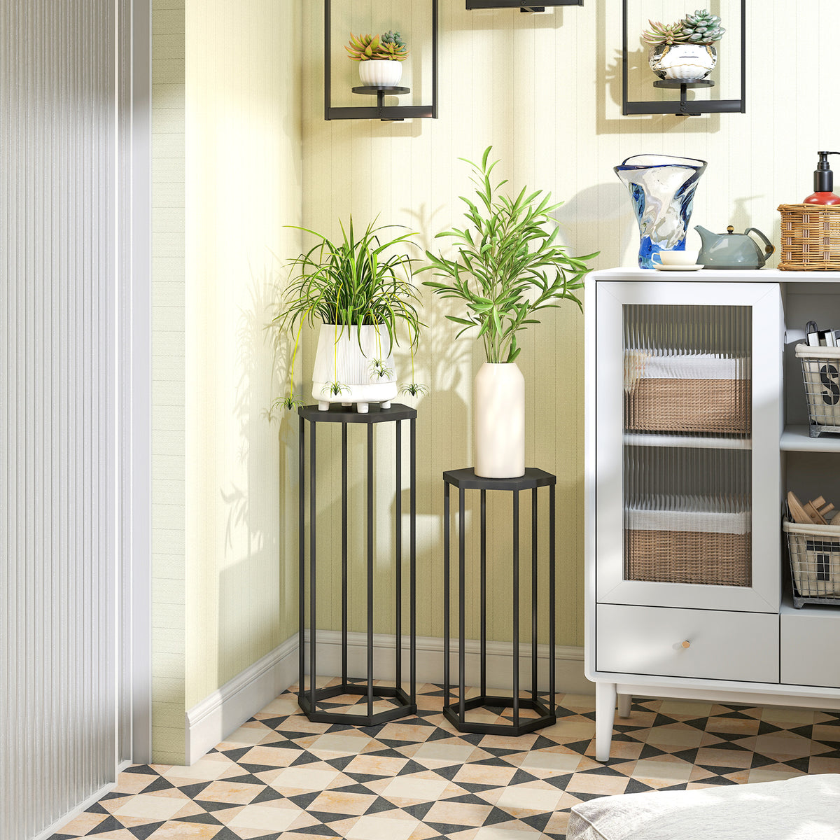 Lot de 2 supports pour plantes, tabouret à fleurs hexagonal en métal, intérieur et extérieur, noir-9