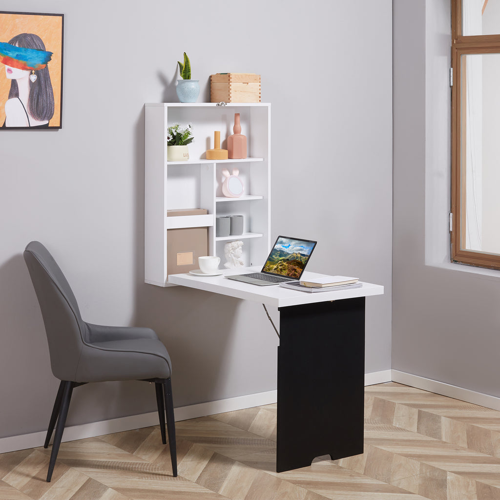 Bureau Mural Pliable Table Murale Rabattable Suspendue sur Pied étagère + Tableau à Craie intégré MDF Blanc-8