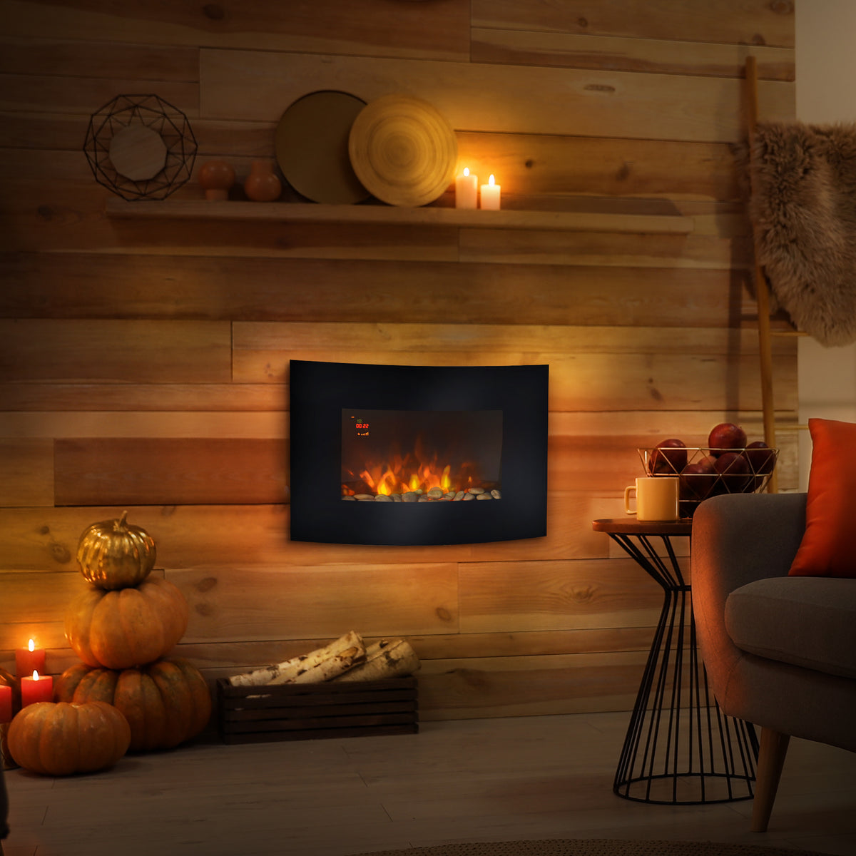 Cheminée électrique Murale éclairages latéraux LED Design Avant-gardiste Affichage LED avec télécommande et minuterie 900/1800 W luminosité réglable Noir-1