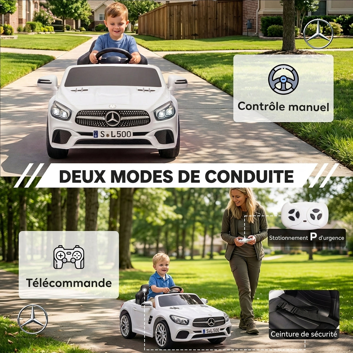 Voiture Électrique Enfants 12V Mercedes-Benz SL500, 3-5 km/h, 2 Moteurs, Télécommande 2,4G, pour 3-5 Ans, Blanc-5