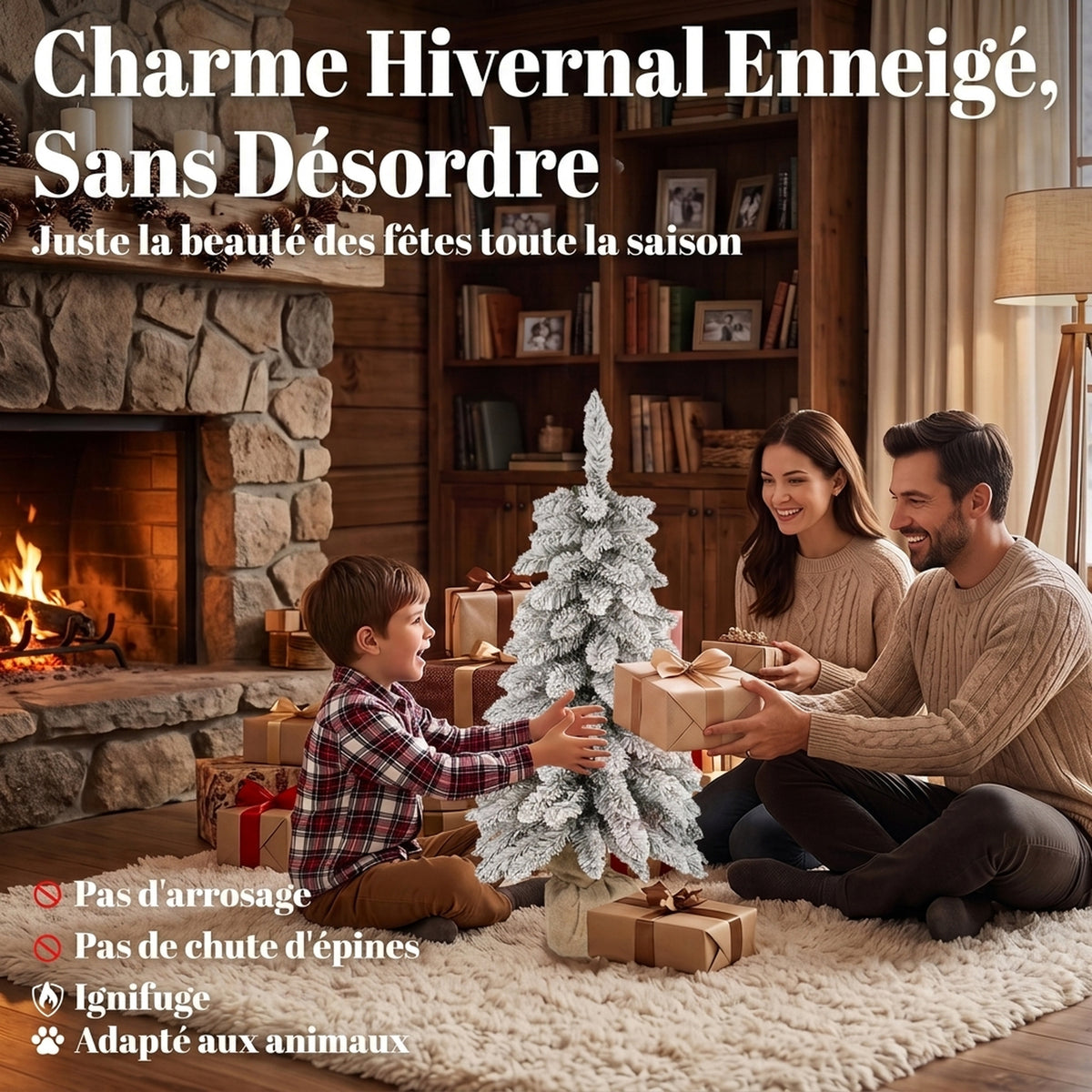 Sapin de Noël Artificiel 90 cm, 107 Embouts de Branches Enneigés en PVC, Base en Toile de Jute, Montage Rapide, Blanc-3