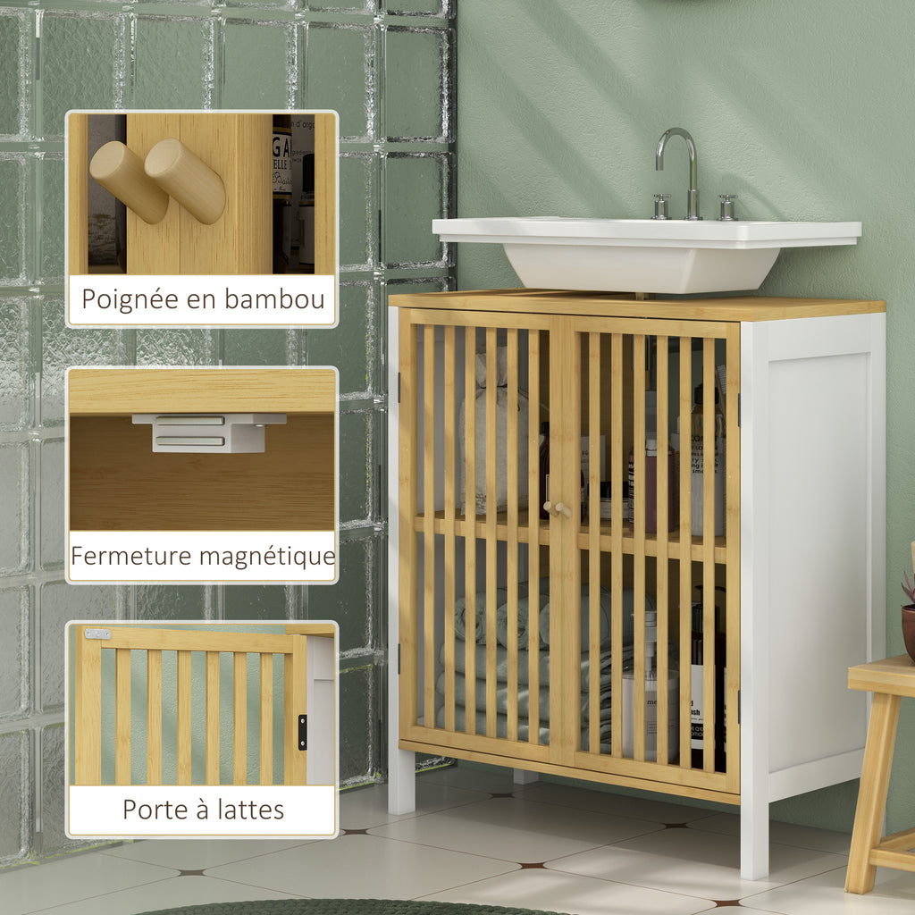 Meuble sous vasque 2 portes avec étagère réglable armoire de rangement pour lavabo 60 x 30 x 70 cm MDF et bambou-6