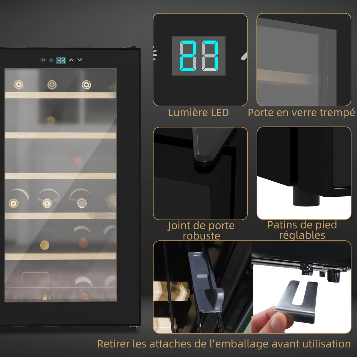 Cave à vin 24 bouteilles 65L haute performance température réglable 5-20° avec lumière LED panneau contrôle tactile noir-4