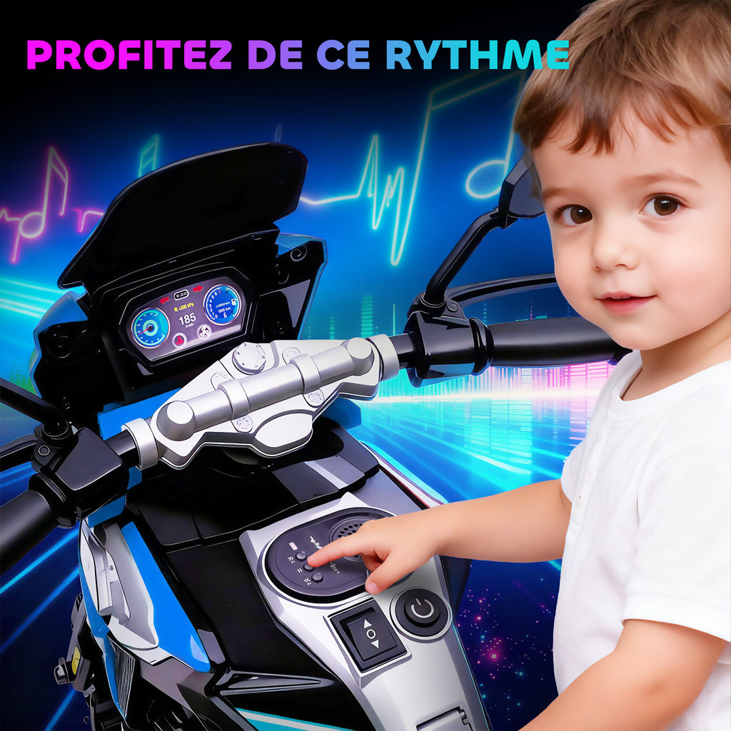 Moto électrique enfants 6 V, voiture électrique enfants avec roues d'entraînement, musique, effets lumineux, bleu-6