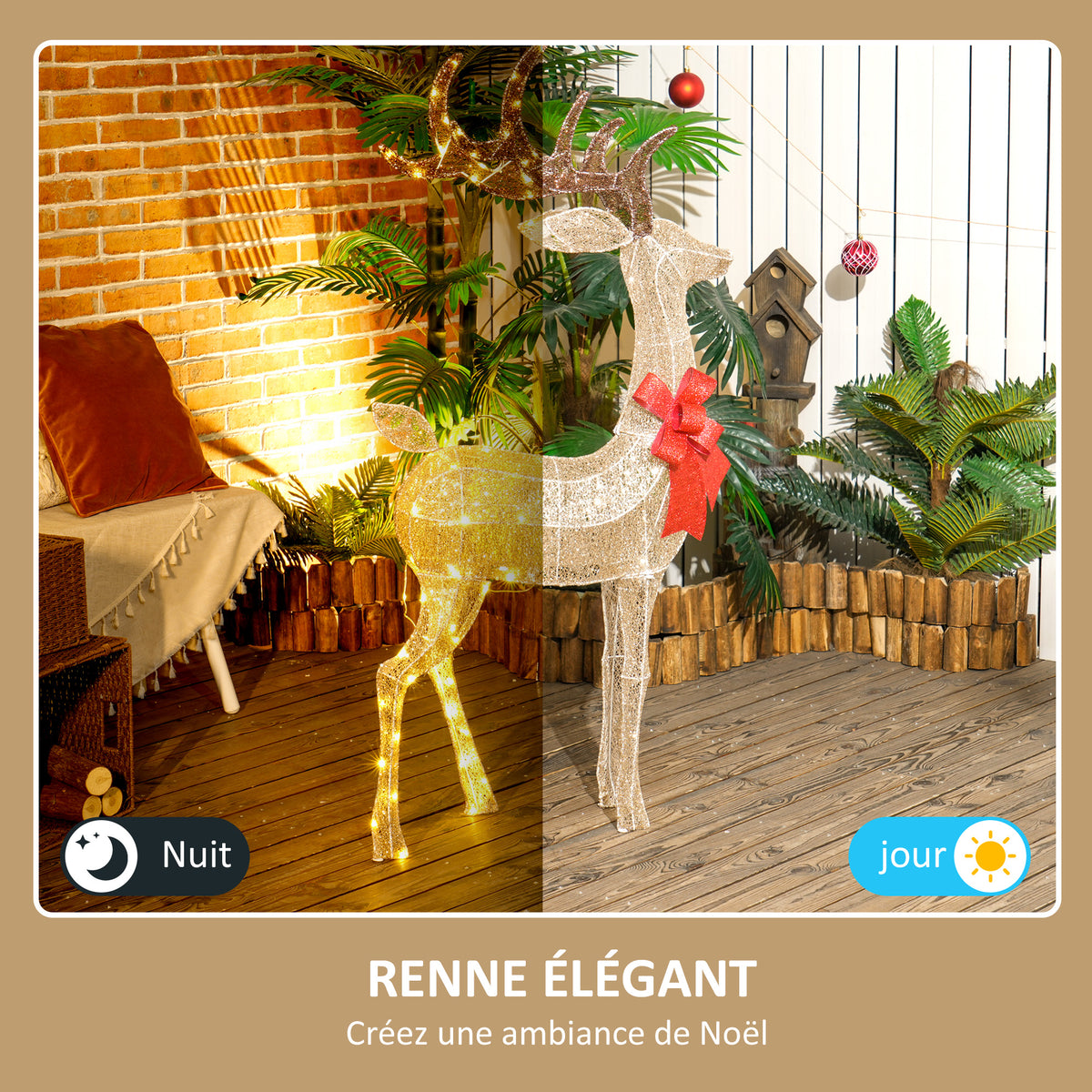 Renne de Noël lumineux, décoration renne lumineux Noël en acier, avec 137 LED blanc chaud, 66 x 25 x 135 cm, or-3