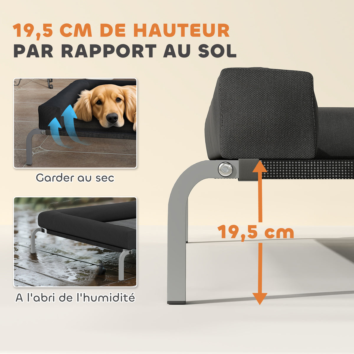 Lit surélevé pour chien rafraichissant, lit de camp pour chiens intérieur extérieur portable, 130 x 90 x 30 cm, noir-3