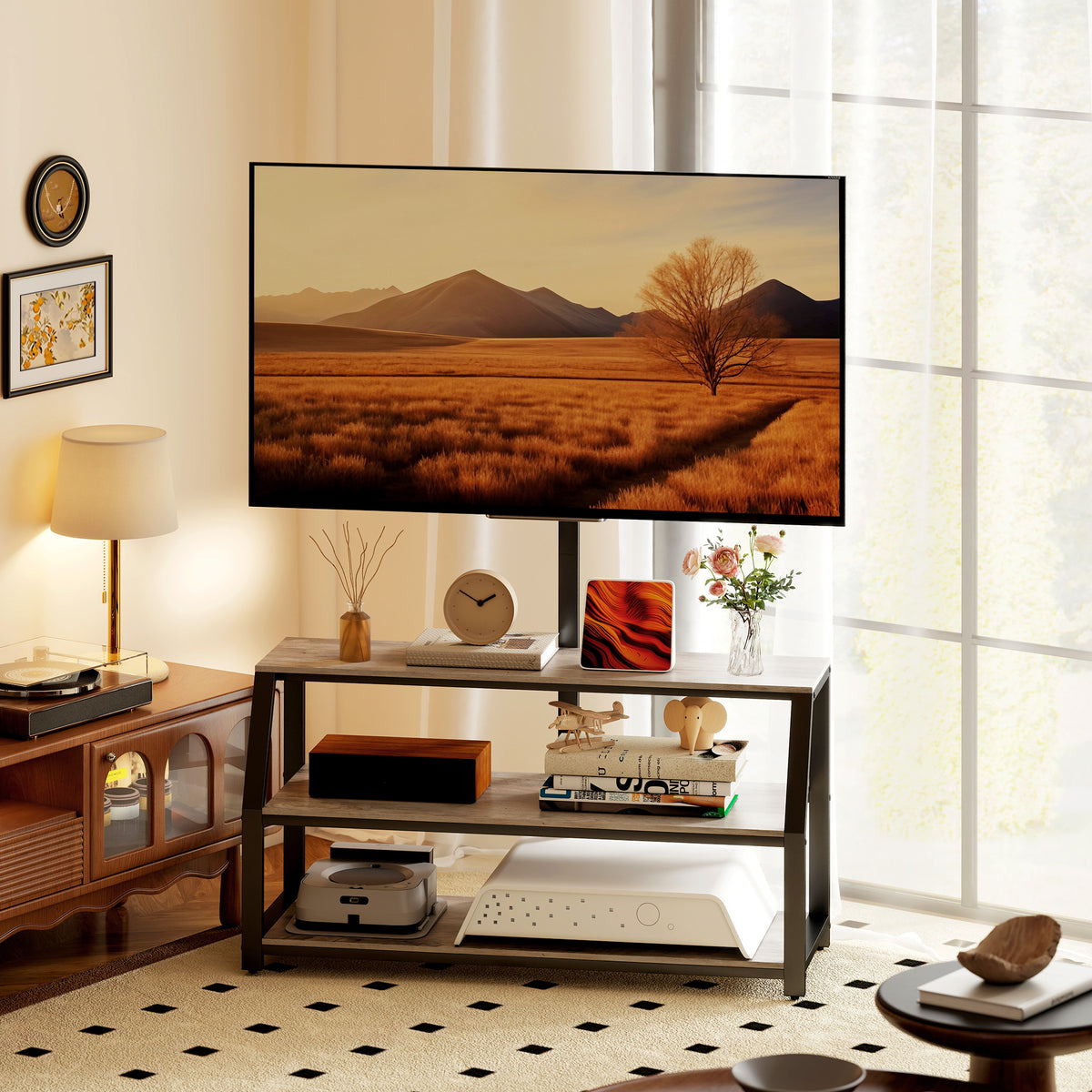 Meuble TV avec support pour téléviseurs jusqu'à 72 pouces, meuble télé avec 2 étagères ouvertes, 110x43x150cm, gris-1