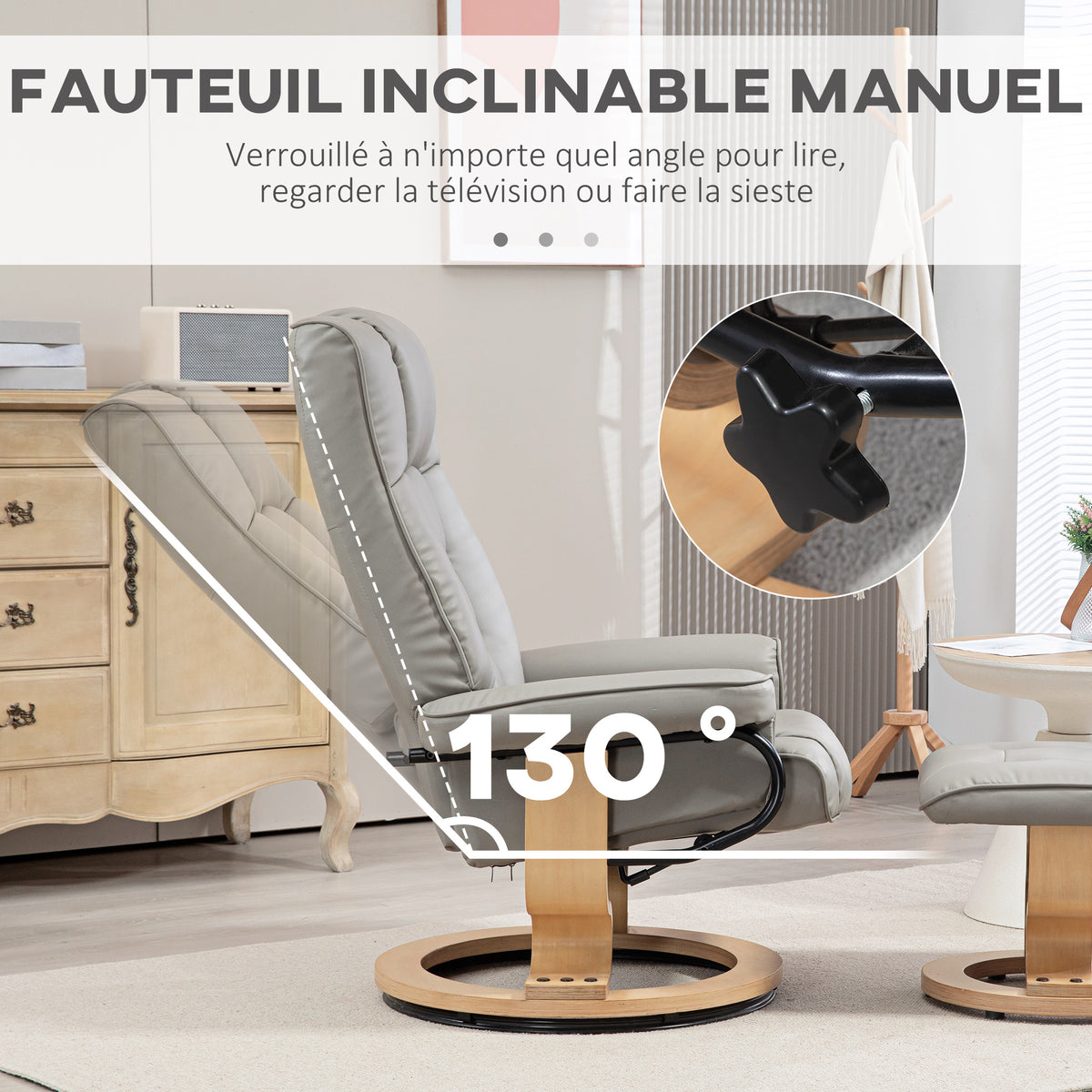 Fauteuil de relaxation inclinable avec repose-pied, pivotant, cadre en bois , revêtement synthétique gris-3