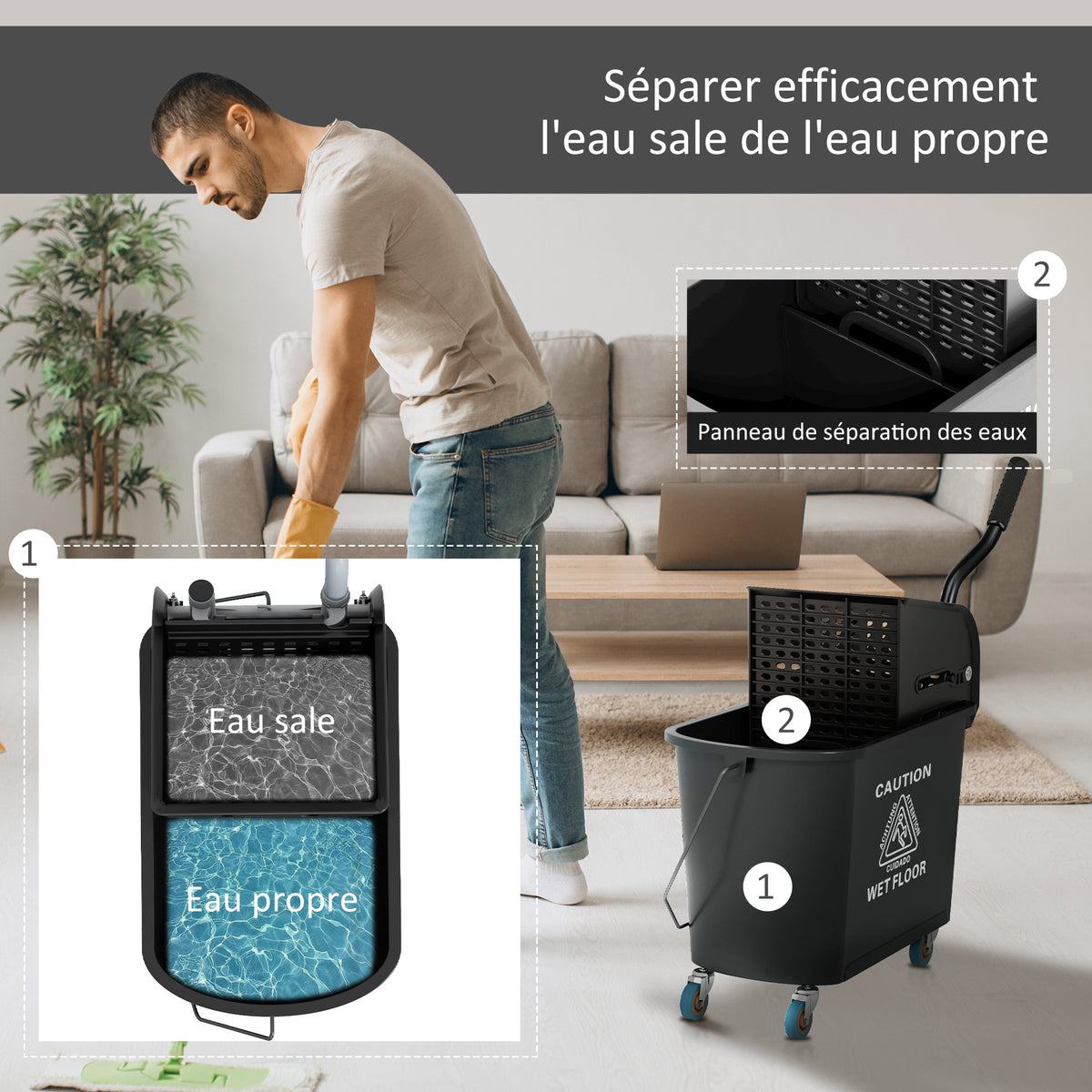Chariot de nettoyage lavage seau de ménage 20 L avec essoreur et séparateur eau sale propre noir 60L x 27l x 70,5H cm-4
