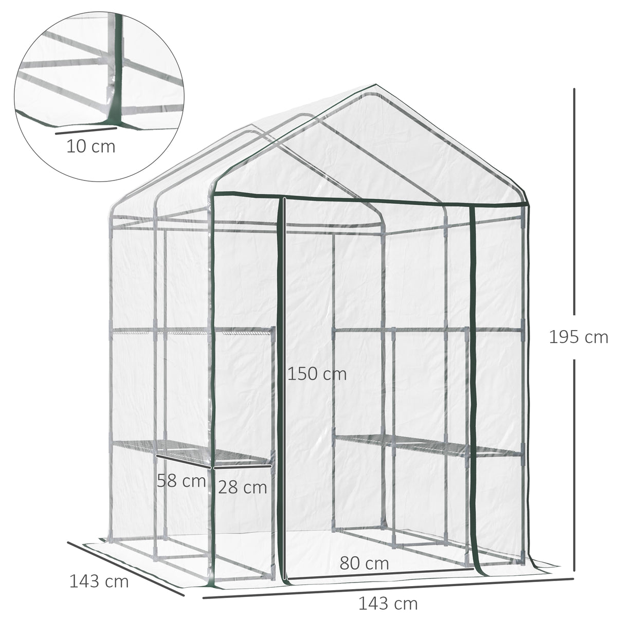 Serre de jardin avec étagères 3 niveaux, serre de balcon, châssis en acier, porte zippée enroulable, pour légumes plantes fleurs, intérieur et extérieur, 143x143x195cm, transparent-2