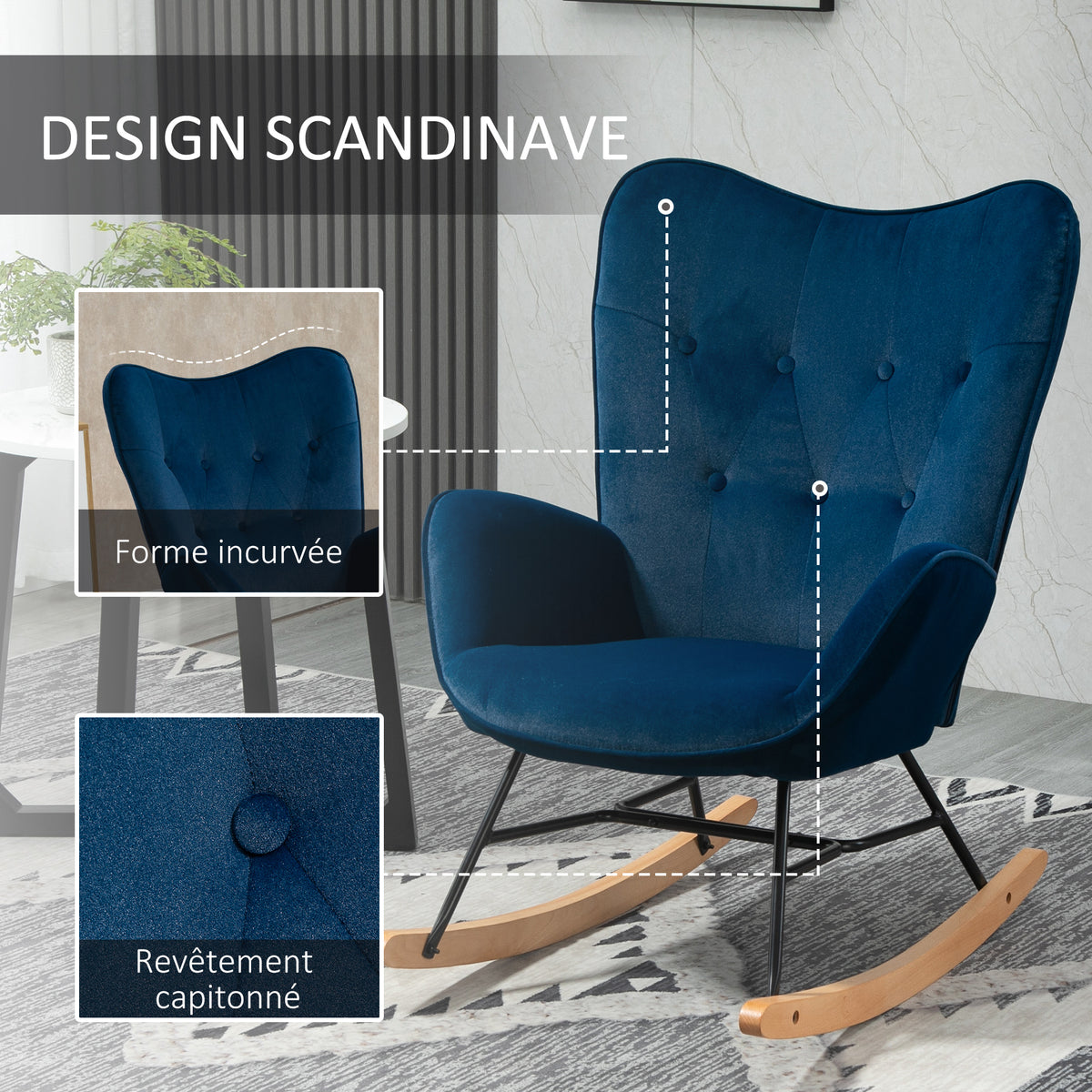 Fauteuil à Bascule, Rocking Chair, fauteuil allaitement confortable avec Structure en bois massif et métal pour Salon, Chambre, Balcon, Velours Bleu-3