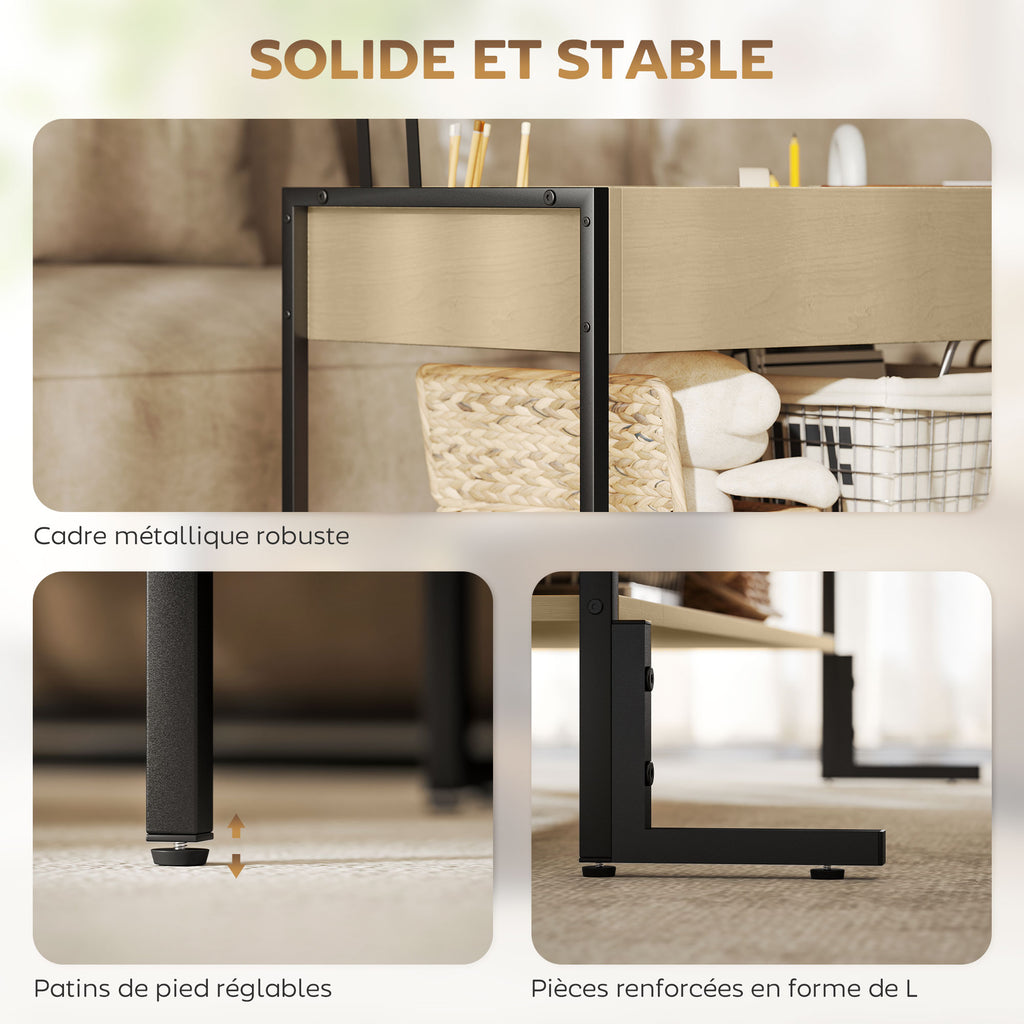 Table basse avec plateau relevable, table de salon avec compartiment caché et étagère ouverte, 95x40x59cm, bois naturel-6