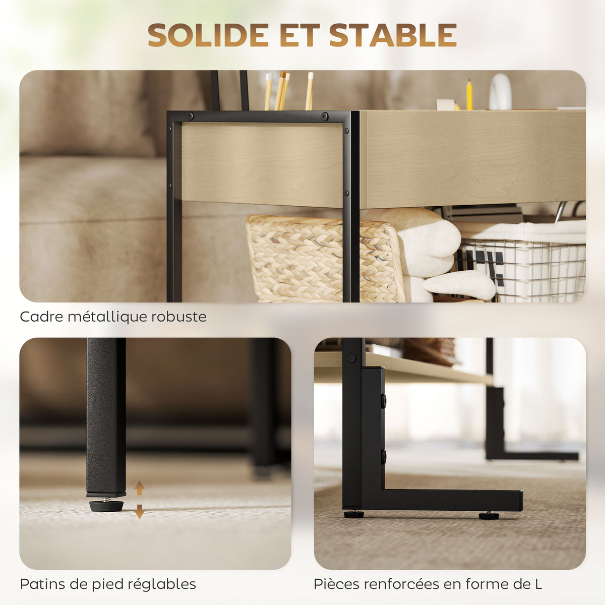 Table basse avec plateau relevable, table de salon avec compartiment caché et étagère ouverte, 95x40x59cm, bois naturel-6