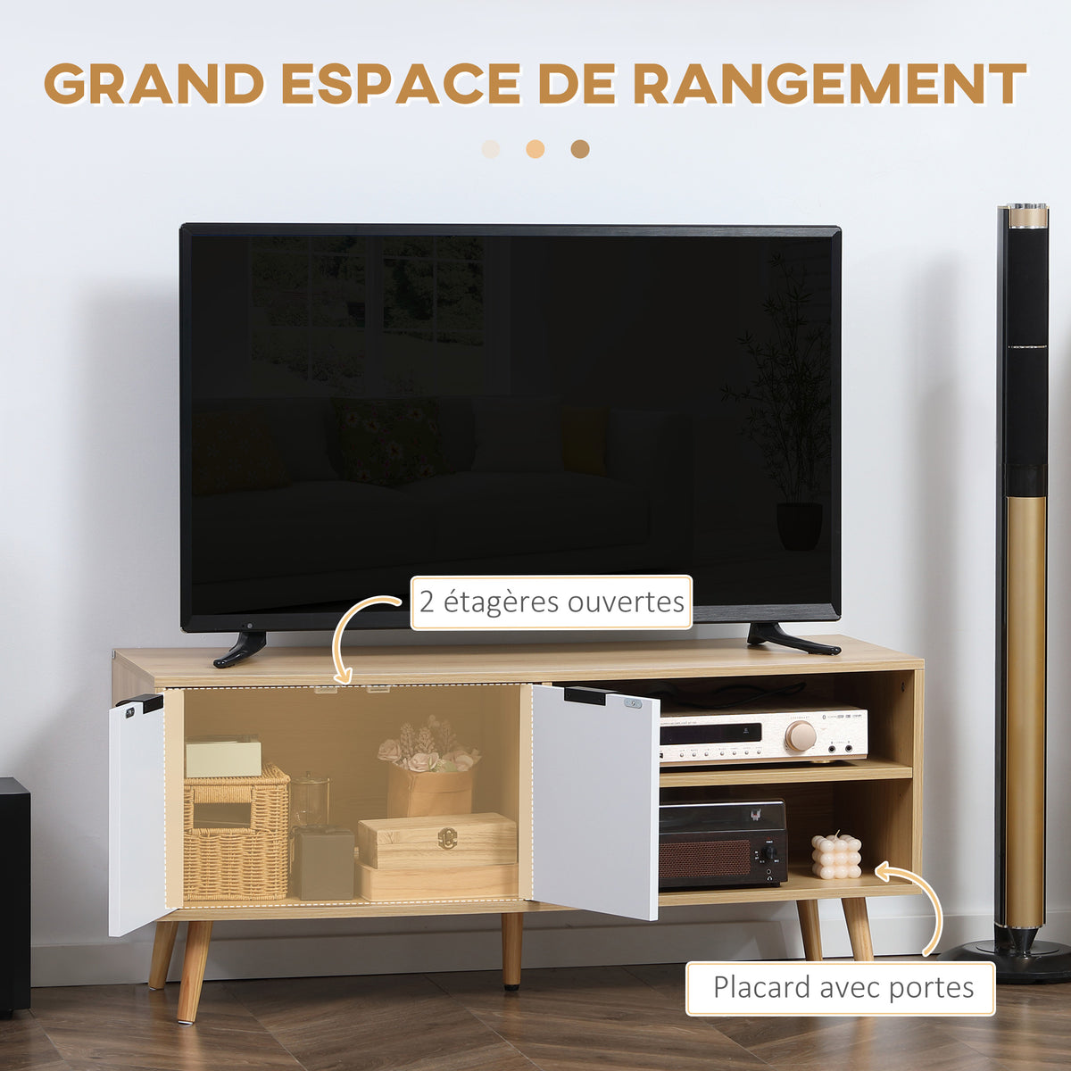 Meuble TV pour télévision jusqu'à 46 pouces design scandinave 2 portes 2 niches avec passe-câbles 110 x 39 x 48,8 cm-3