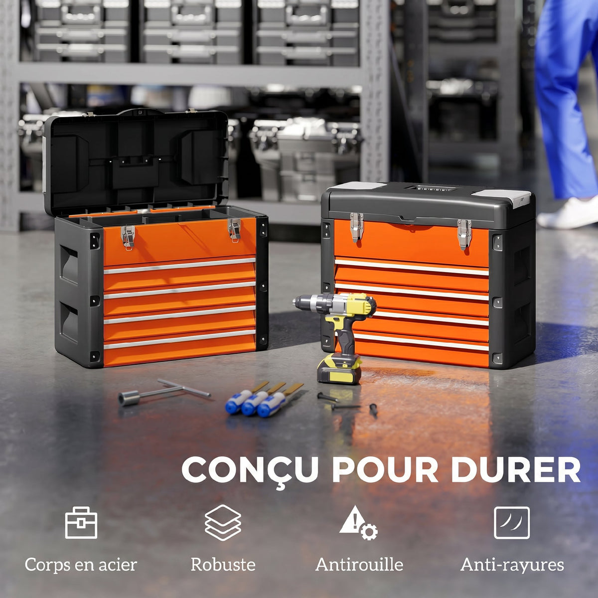 Boîte à Outils à 4 Tiroirs, Caisse à Outils en Acier Thermolaqué avec Plateau Amovible, 49,7x25,3x40,7cm, Orange-4