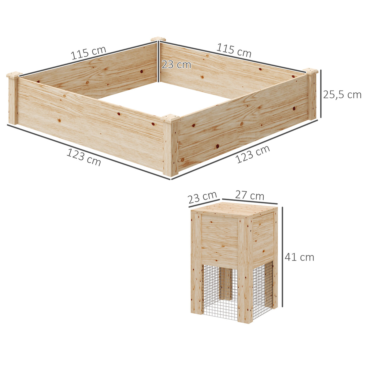 Jardinière en bois carré potager extérieur bois avec bac à compost design à fond ouvert 123 x 123 x 25,5 cm bois naturel-2