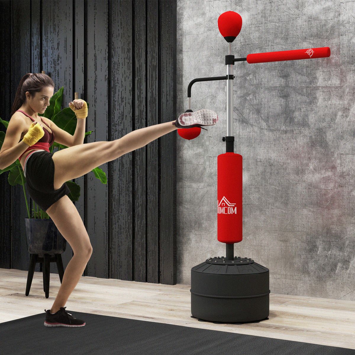 Sac de frappe sur pied 4 en 1 punching ball autonome balles de vitesse barre rotative gants 88 x 50 x 160-230 cm rouge-9