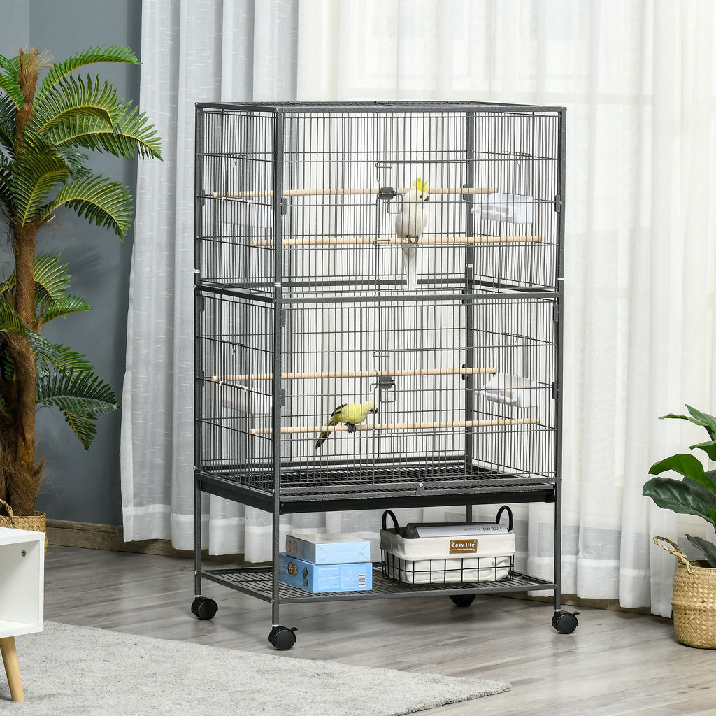 Cage à oiseaux sur pied volière oiseaux intérieur 4 perchoirs en bois et mangeoires fil d'acier gris foncé-9
