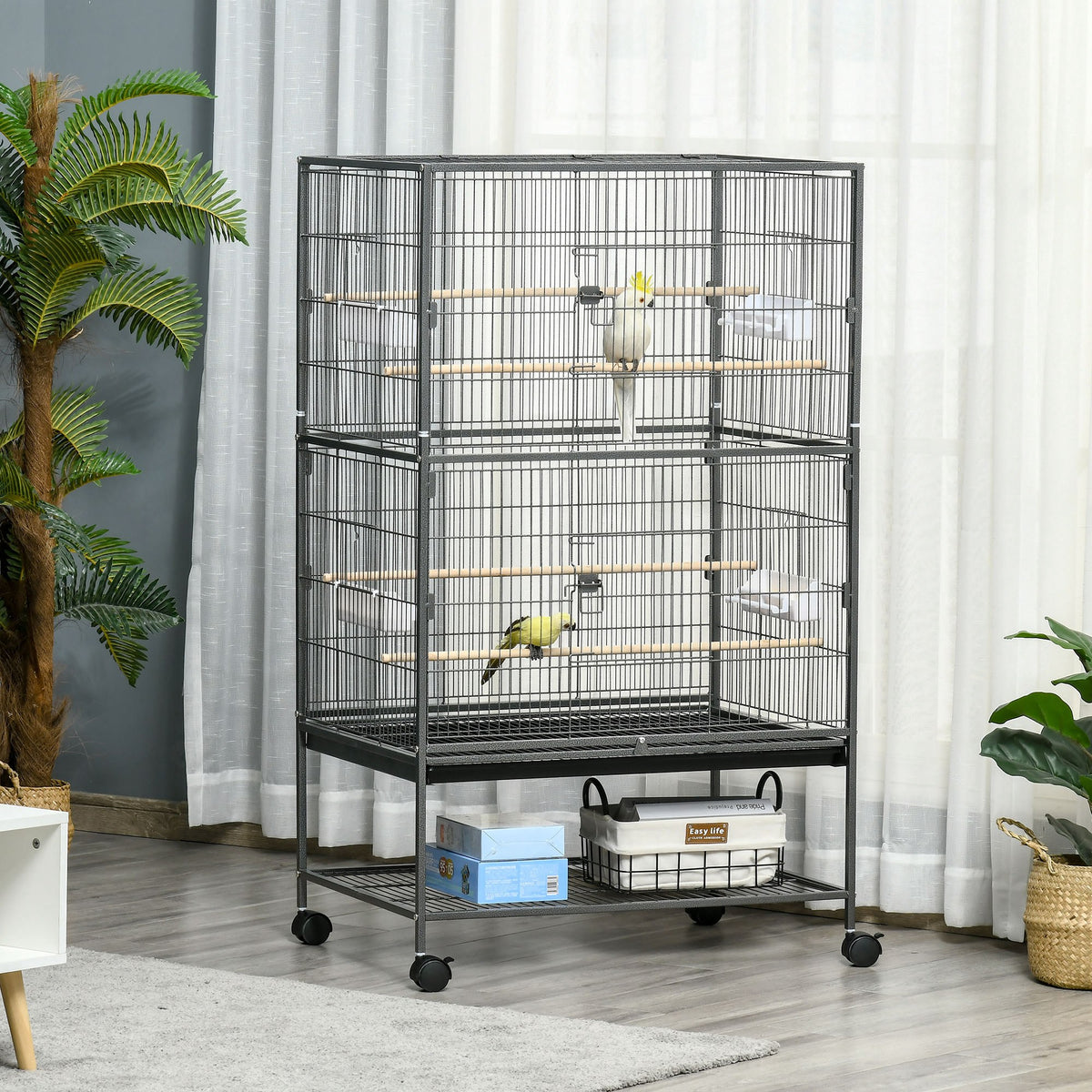 Cage à oiseaux sur pied volière oiseaux intérieur 4 perchoirs en bois et mangeoires fil d'acier gris foncé-9