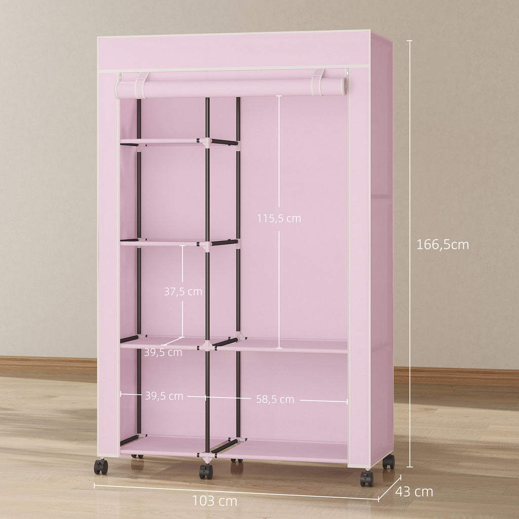 Armoire penderie en tissu meuble de rangement 6 roulettes tringle à vêtements et étagères ouvertes 103x43x166,5cm rose-2