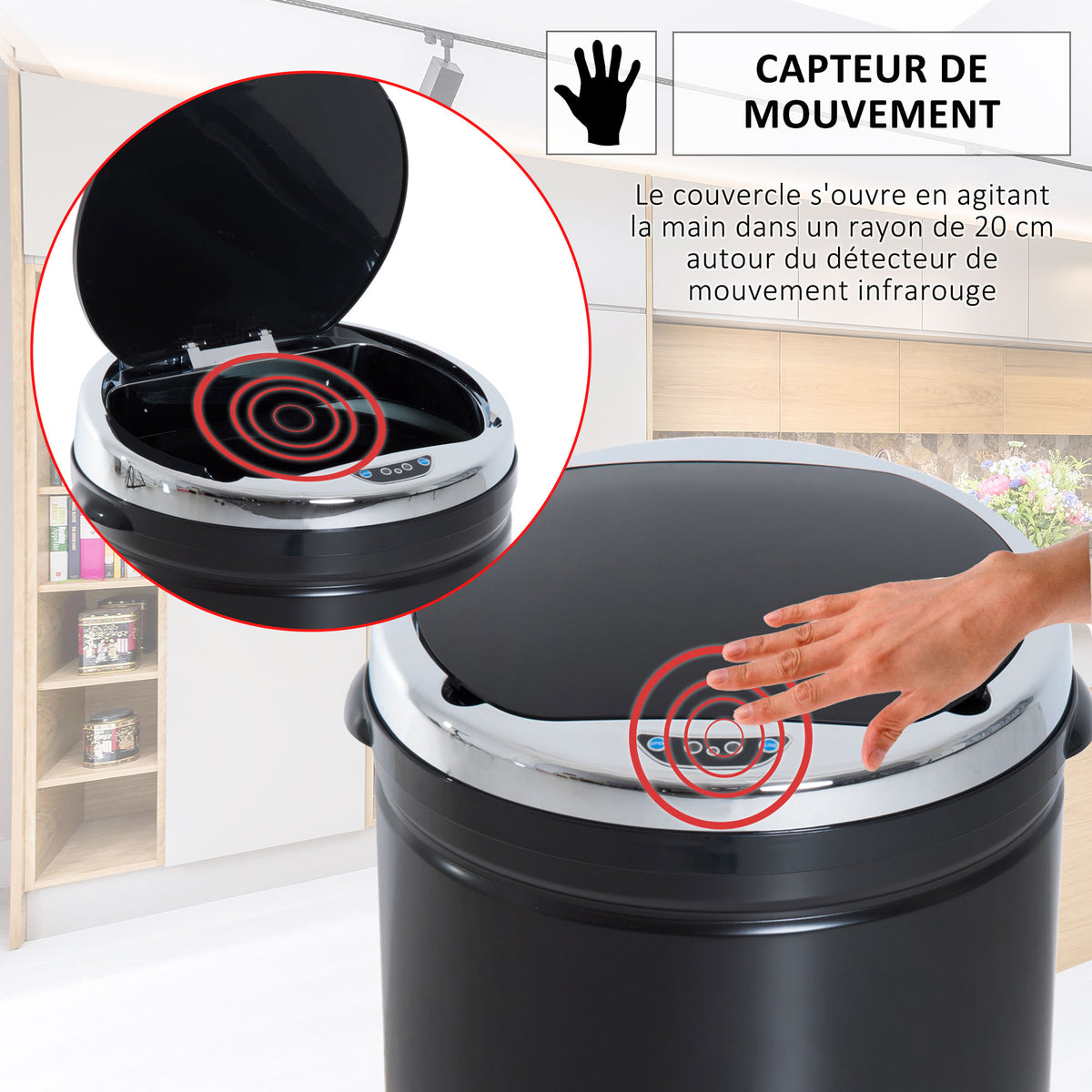 Poubelle à capteur de mouvement ouverture automatique 1 bac de 50 L en acier inoxydable noir-4