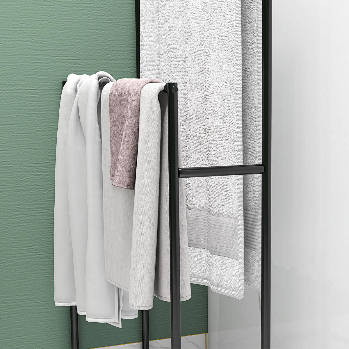 Porte serviettes sur pied sèche serviette 2 niveaux en métal pour la salle de bain, dim. 66l x 20P x 110H cm, noir-8